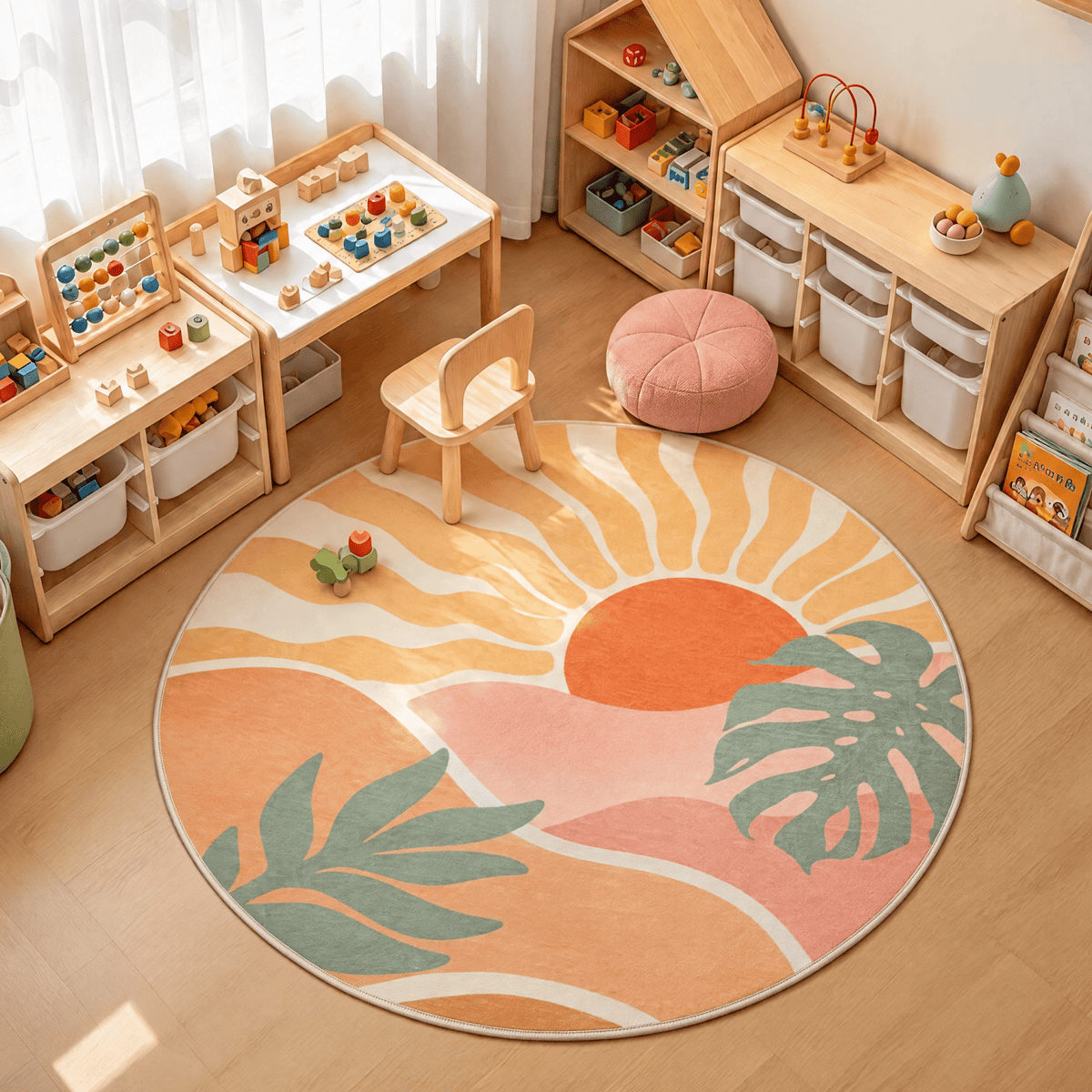 Boho Sun Area Rug, Machine Washable Faux Wool Rug, Non-Slip, Kid & Pet Friendly, Washable Living Room Carpet