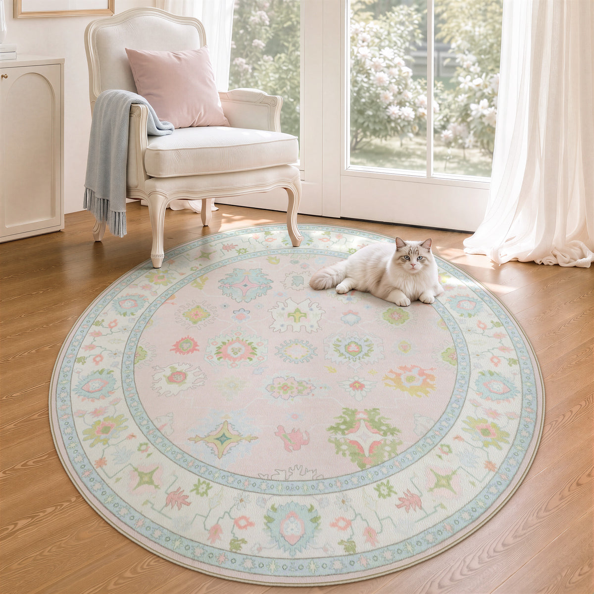 5x7/8x10/9x12 Boho Oushak Area Rug, Floral Washable Non Slip Low Pile Area Rug, Oeko-Tex Certified