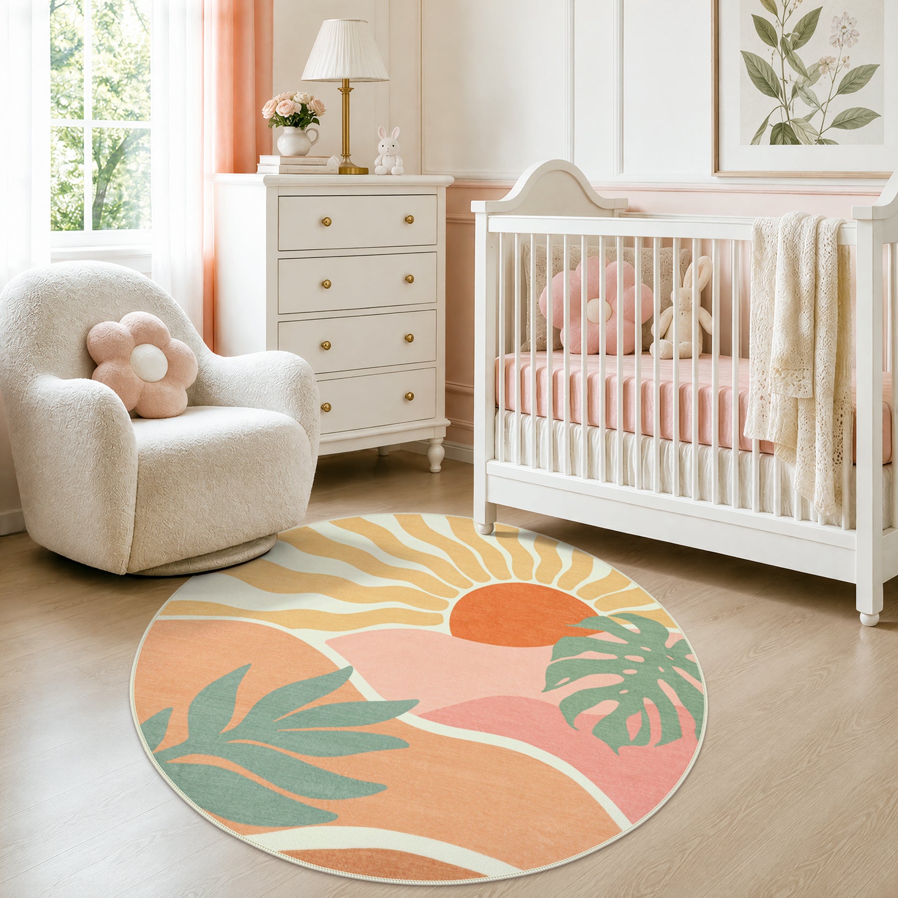 Boho Sun Area Rug, Machine Washable Faux Wool Rug, Non-Slip, Kid & Pet Friendly, Washable Living Room Carpet