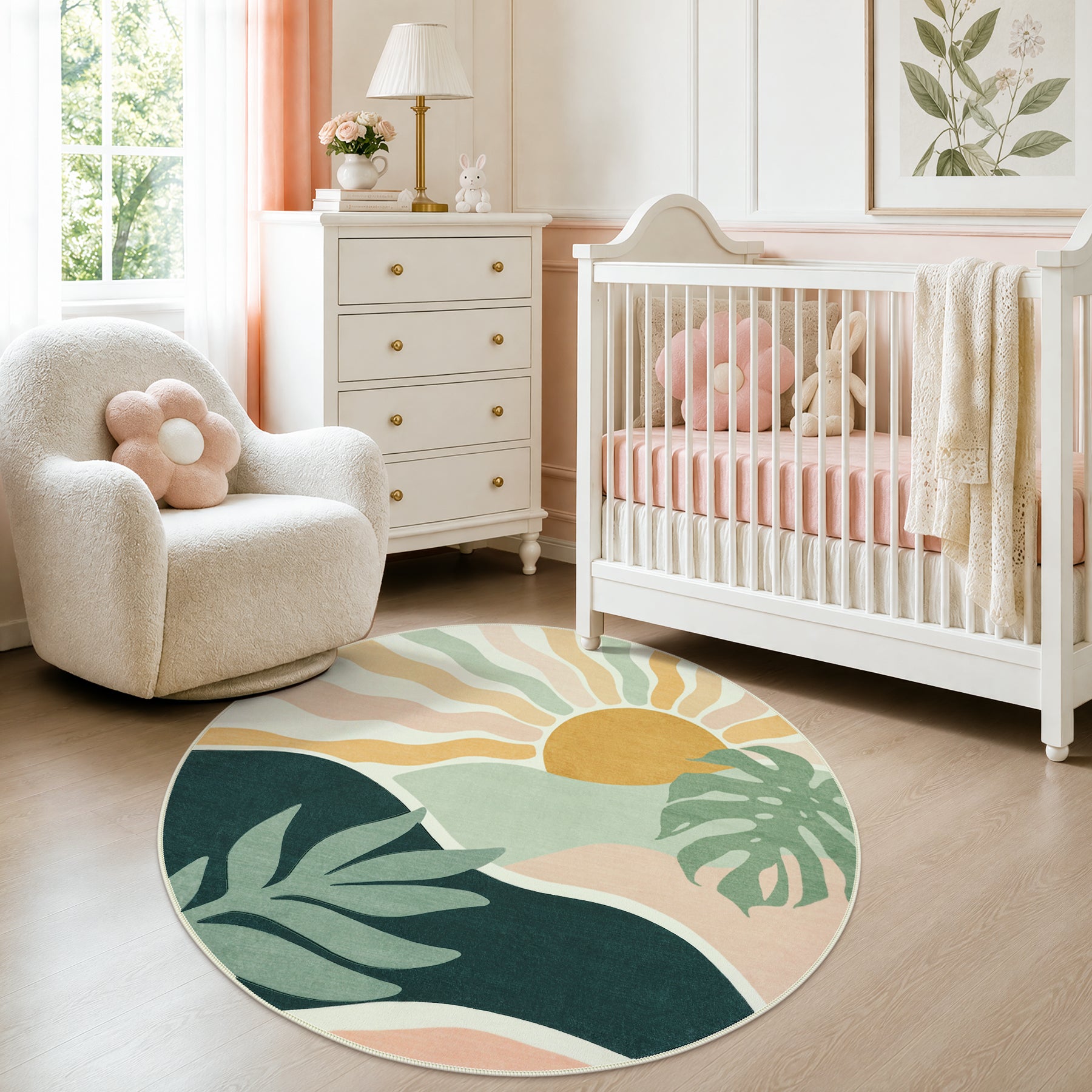 Boho Sun Area Rug, Machine Washable Faux Wool Rug, Non-Slip, Kid & Pet Friendly, Washable Living Room Carpet