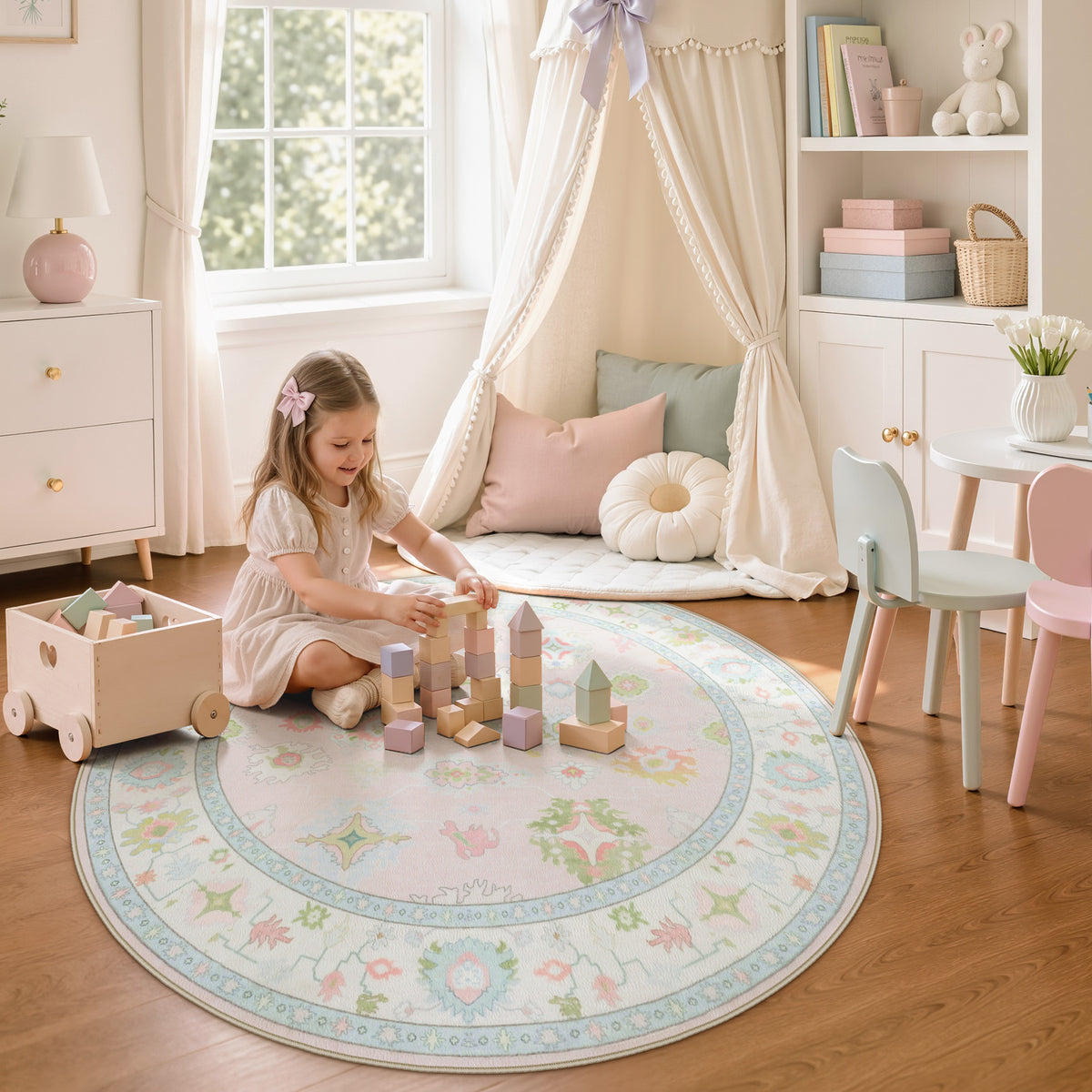 5x7/8x10/9x12 Boho Oushak Area Rug, Floral Washable Non Slip Low Pile Area Rug, Oeko-Tex Certified