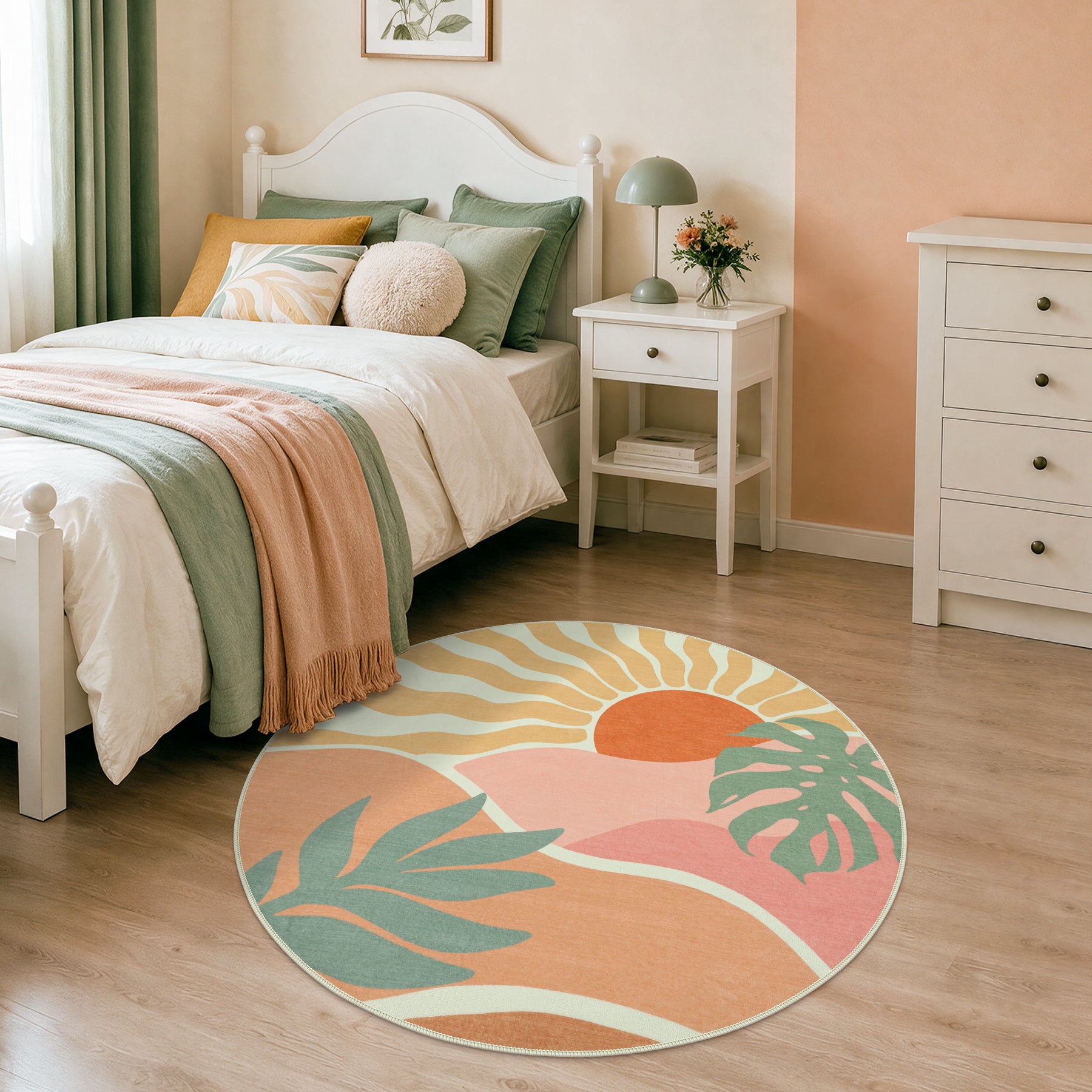 Boho Sun Area Rug, Machine Washable Faux Wool Rug, Non-Slip, Kid & Pet Friendly, Washable Living Room Carpet