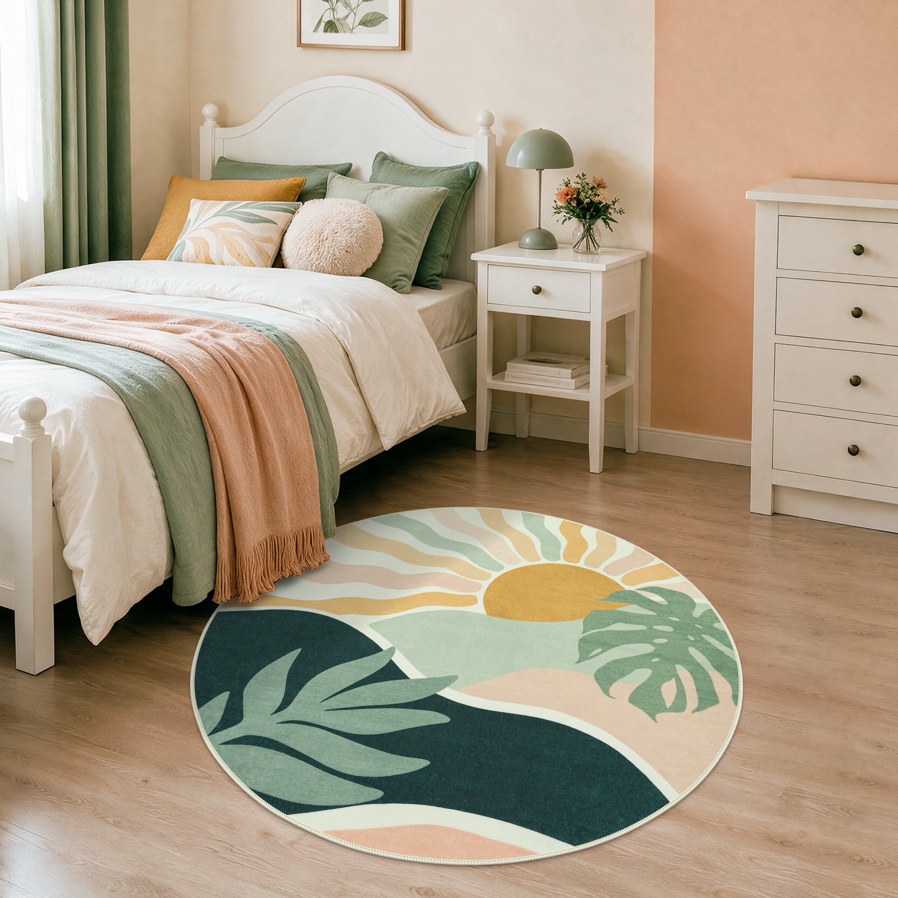 Boho Sun Area Rug, Machine Washable Faux Wool Rug, Non-Slip, Kid & Pet Friendly, Washable Living Room Carpet