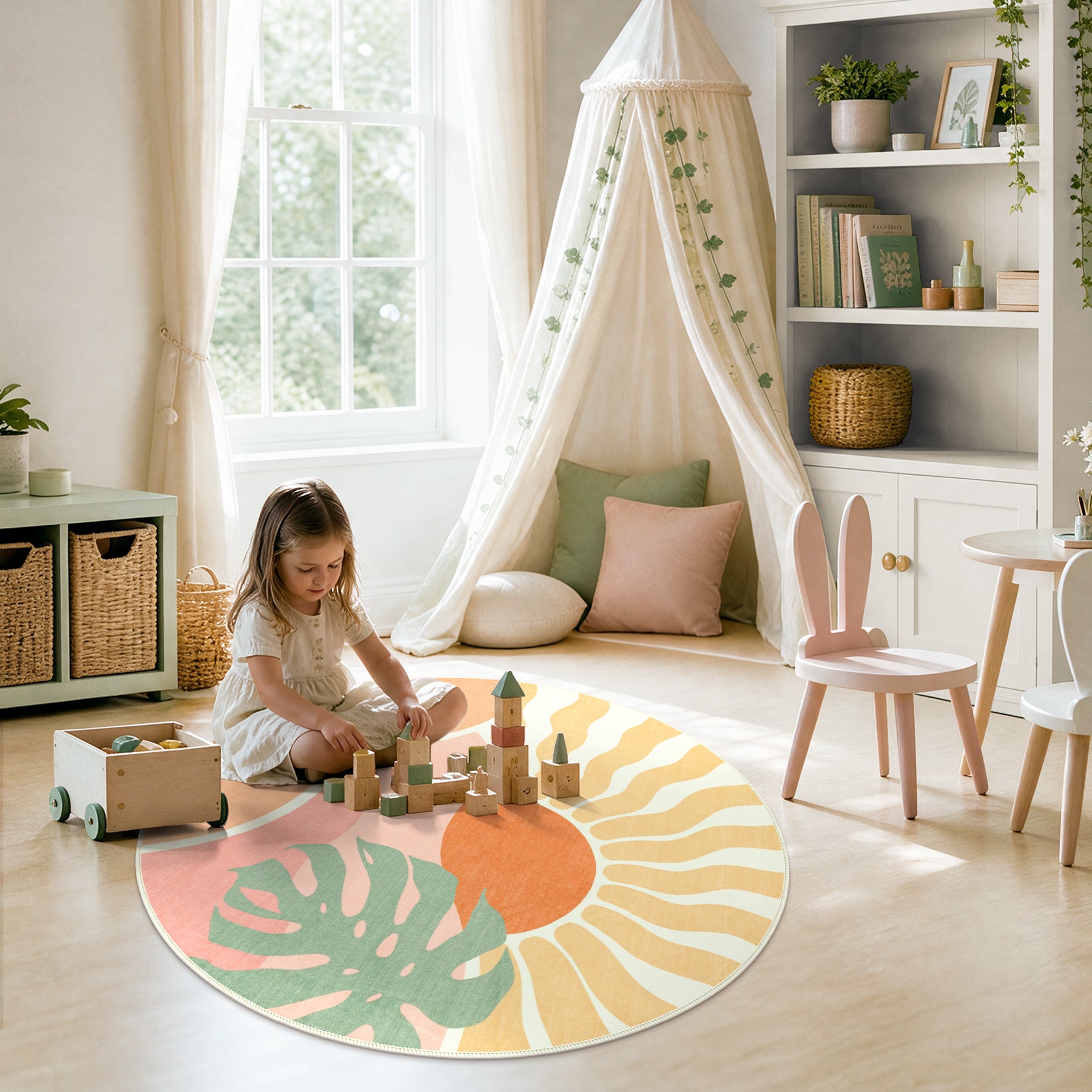 Boho Sun Area Rug, Machine Washable Faux Wool Rug, Non-Slip, Kid & Pet Friendly, Washable Living Room Carpet