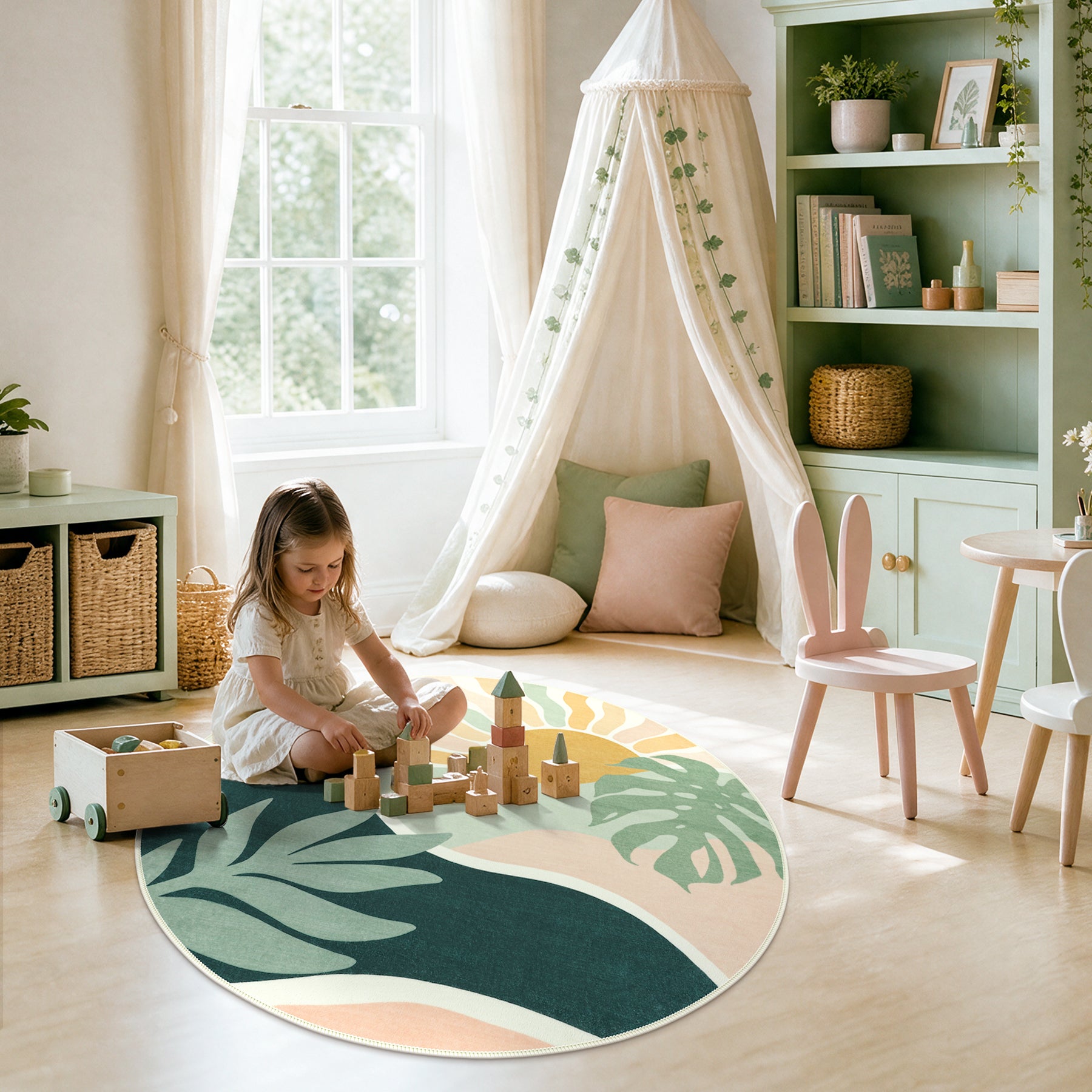 Boho Sun Area Rug, Machine Washable Faux Wool Rug, Non-Slip, Kid & Pet Friendly, Washable Living Room Carpet