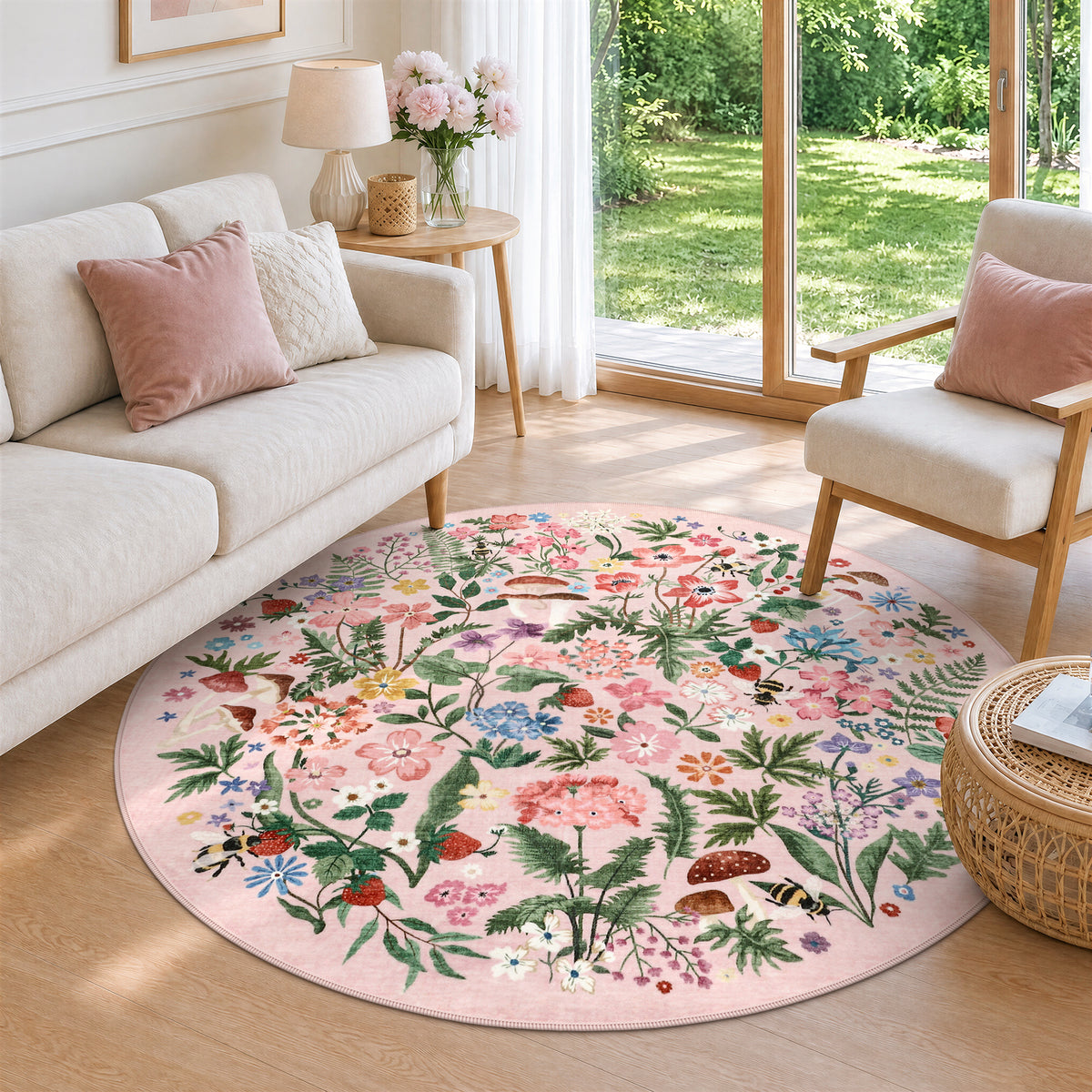 Washable Floral Area Rug, Non-Slip Low Pile Botanical Carpet