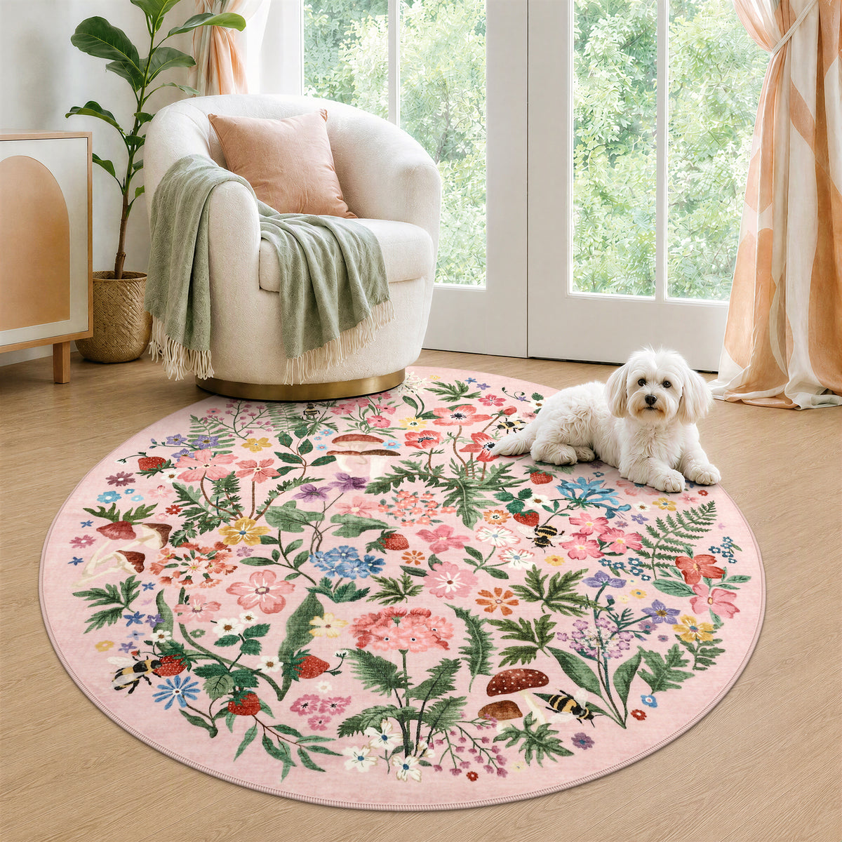 Washable Floral Area Rug, Non-Slip Low Pile Botanical Carpet