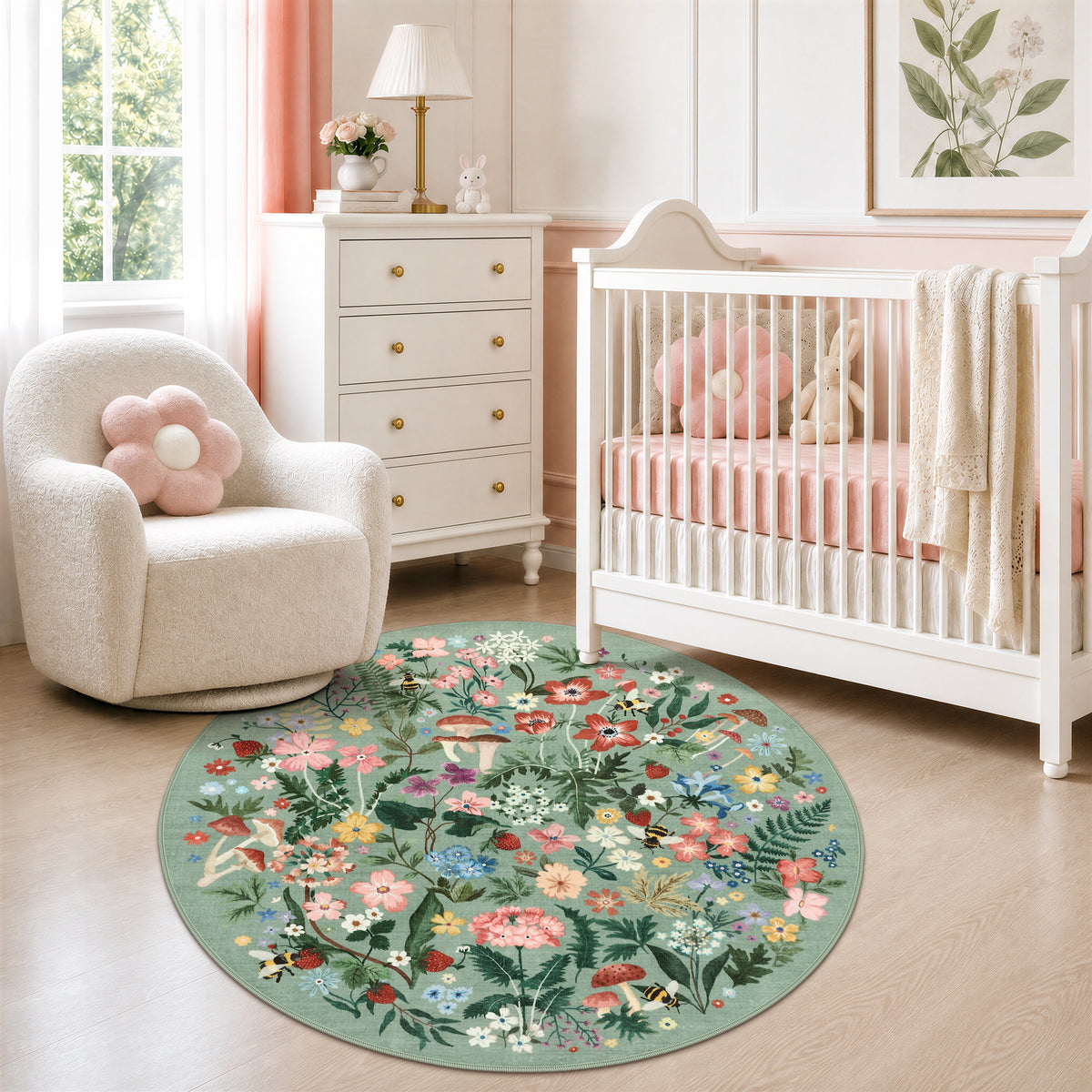 Washable Floral Area Rug, Non-Slip Low Pile Botanical Carpet