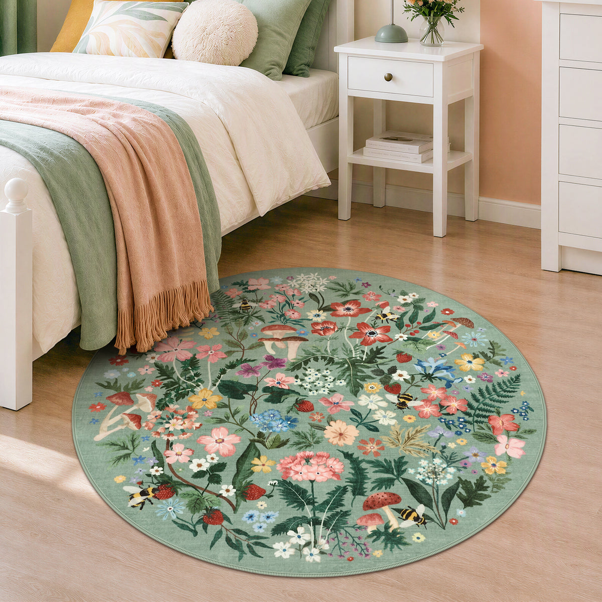 Washable Floral Area Rug, Non-Slip Low Pile Botanical Carpet