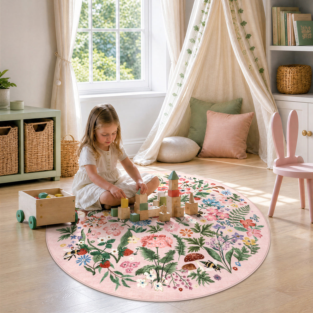 Washable Floral Area Rug, Non-Slip Low Pile Botanical Carpet