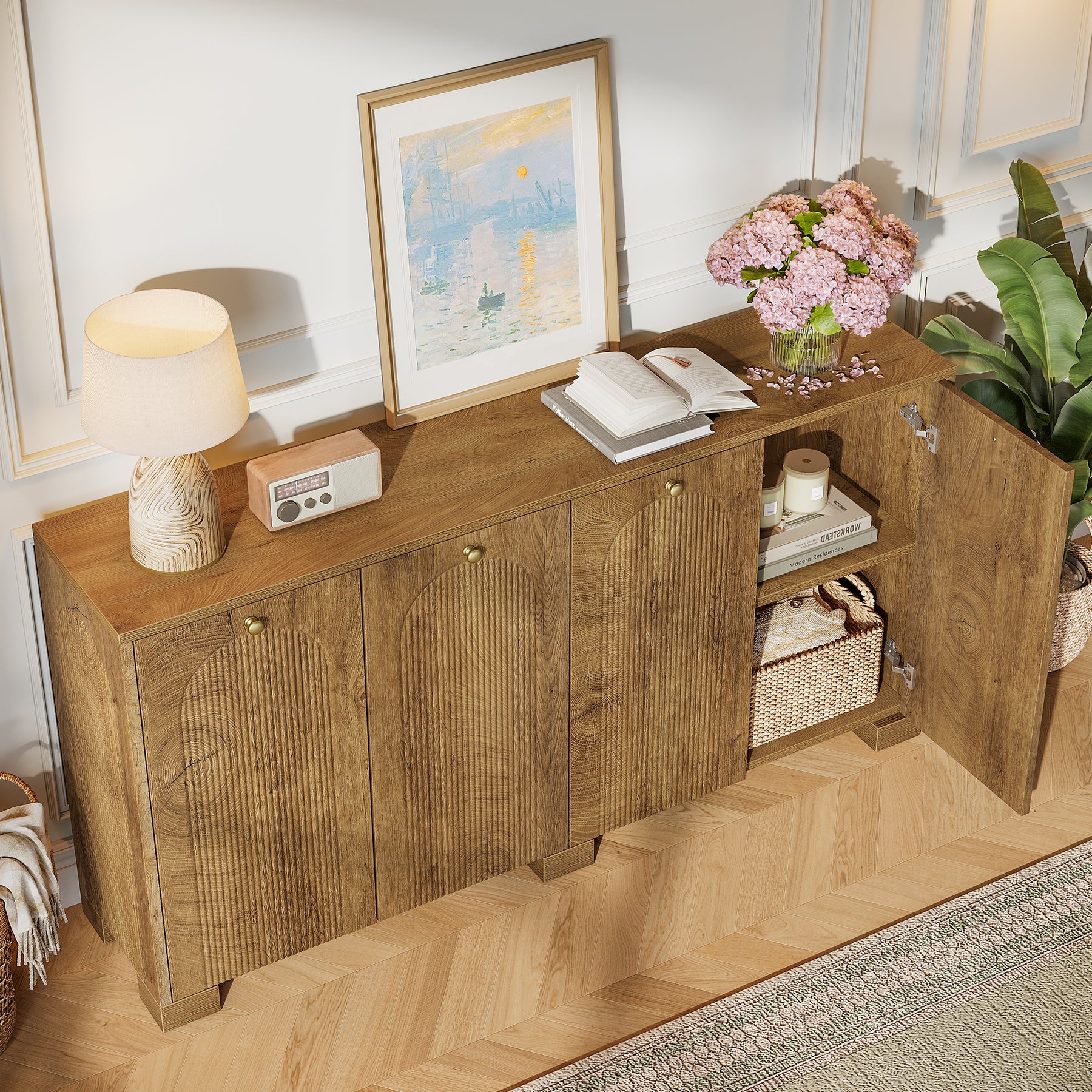 59" Sideboard Buffet Cabinet, Fluted Buffet Table with 4 Doors & Shelves