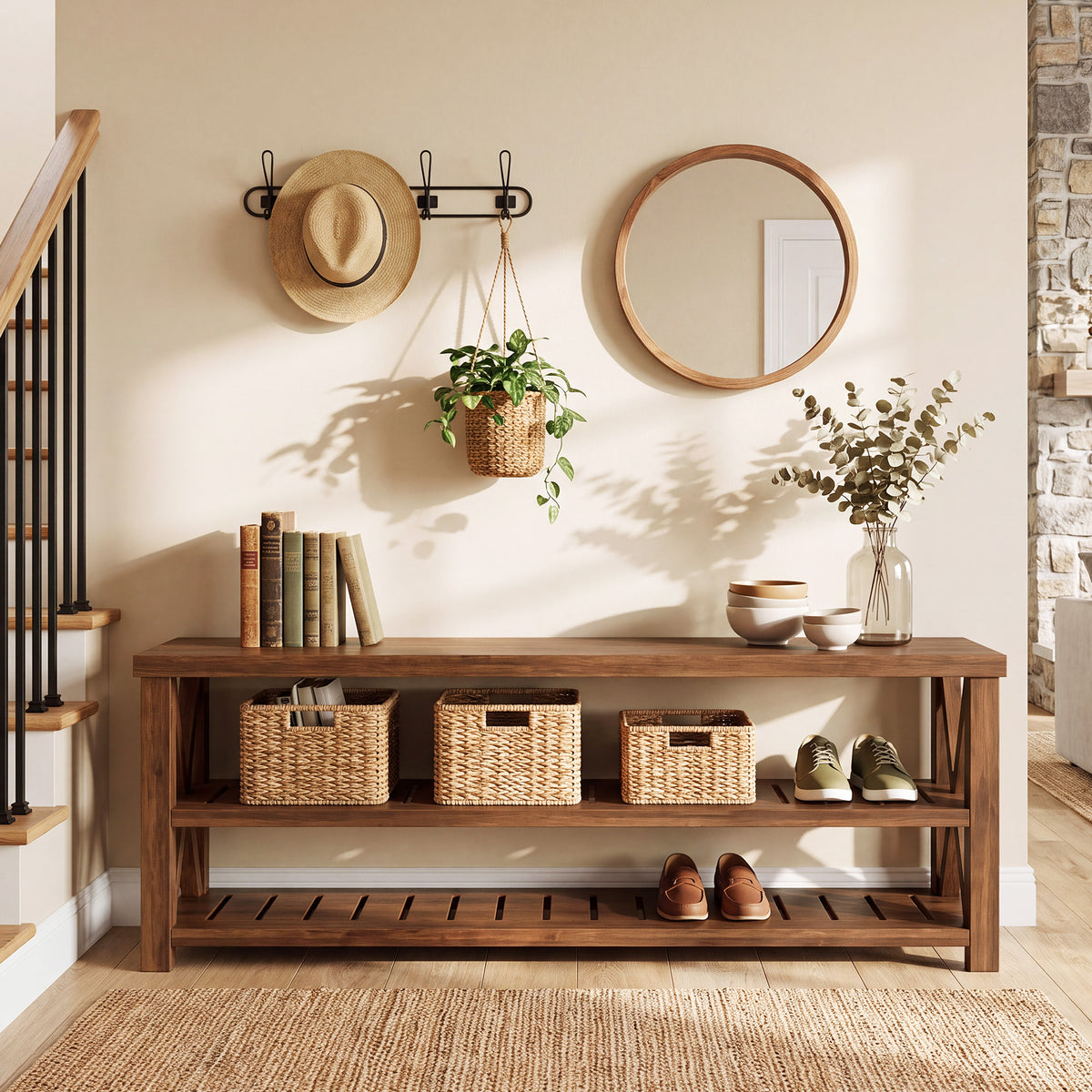 55" Solid Wood Entryway Bench, Farmhouse Shoe Bench with 3-Tier Storage for Living Room, Hallway