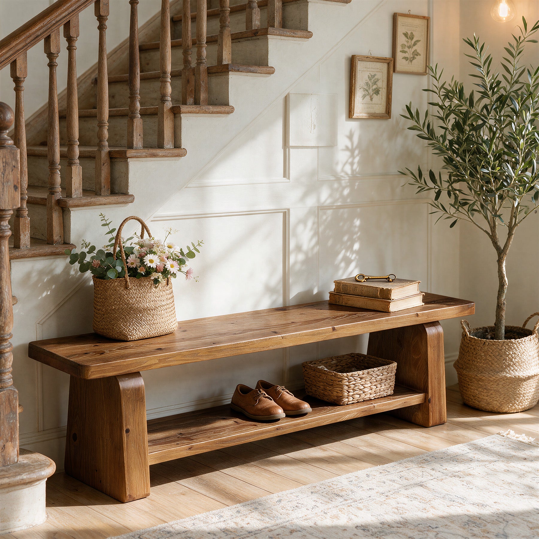 63-Inch Solid Wood Entryway Bench, 2-Tier Shoe Bench with Storage for Hallway