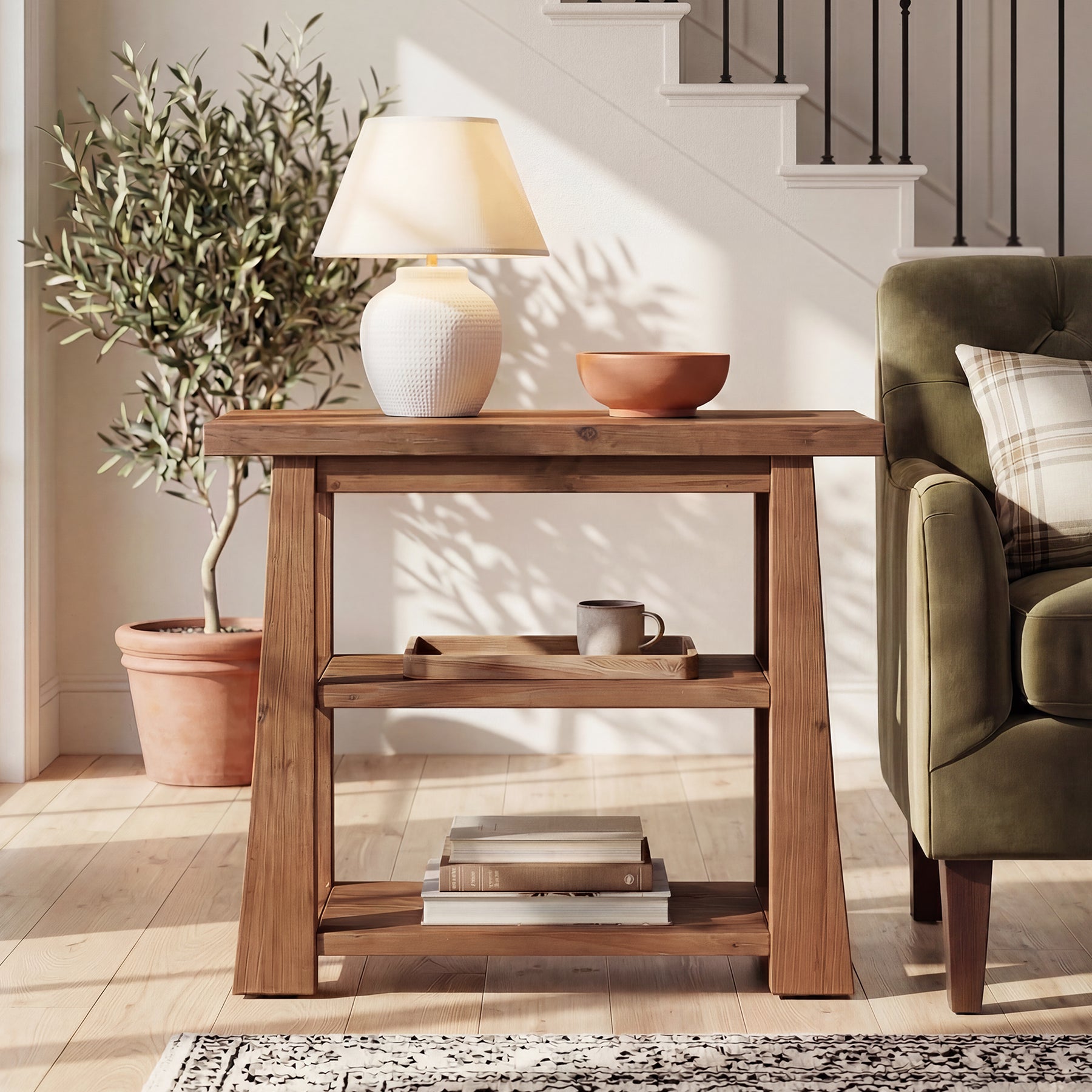 27.5" Wooden End Table, Narrow Nightstand with 3 Tier Storage Shelves for Living Room