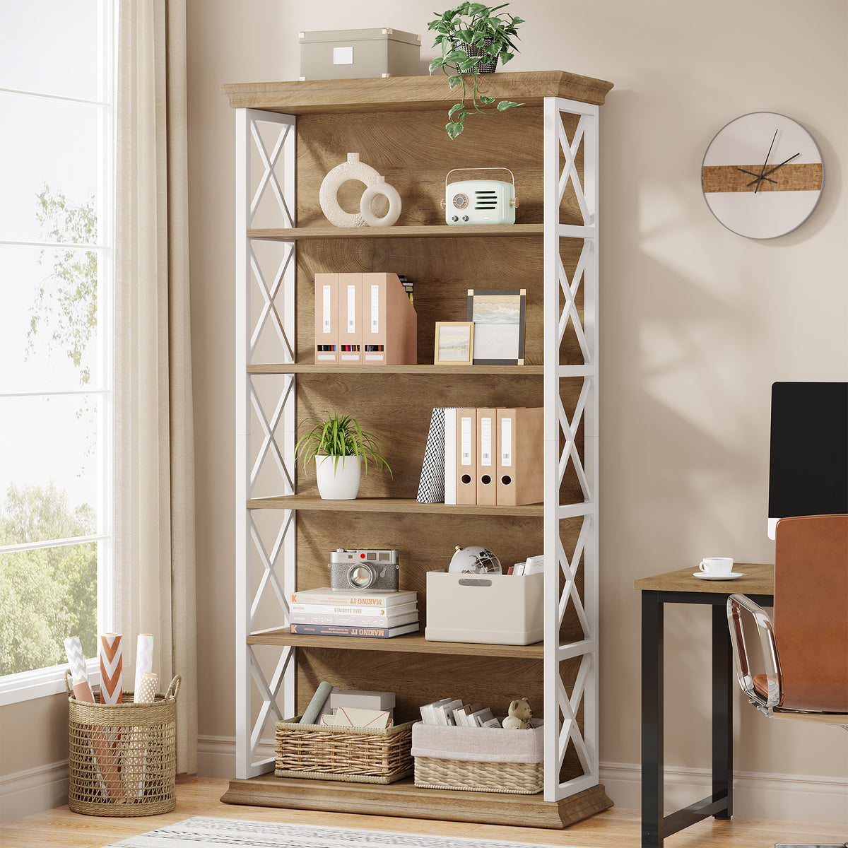 6-Tier Bookshelf, 70.87" Etagere Metal and Wooden Bookcase for Home Office