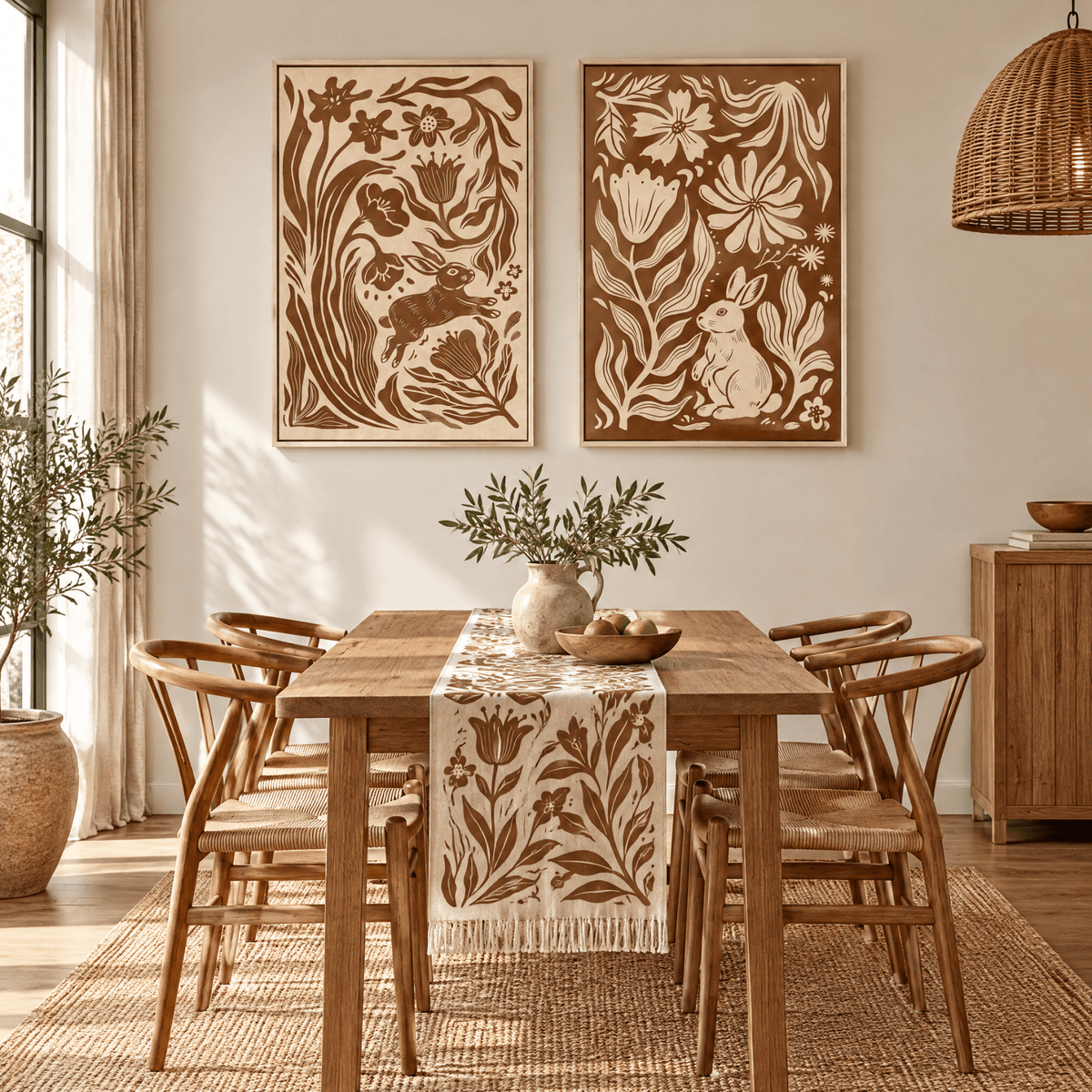 Tribesigns 2-Piece Modern Boho Rabbit Wall Art, Earthy Floral Framed Canvas Prints