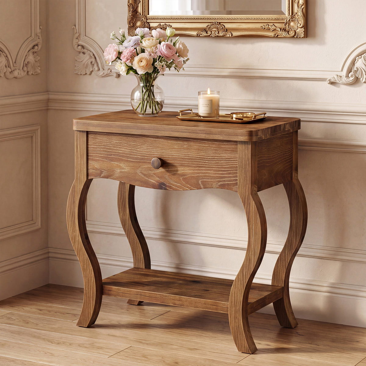 Rustic Solid Wood End Table with Drawer, 24"W Tall Side Table, Living Room