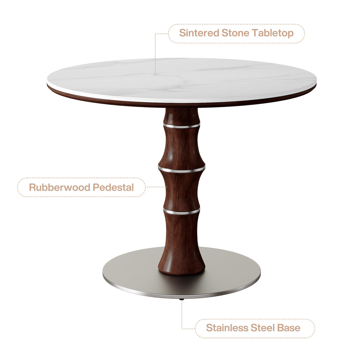 35" Round Sintered Stone Dining Table for 2-4, Rubberwood Pedestal & Stainless Steel Base
