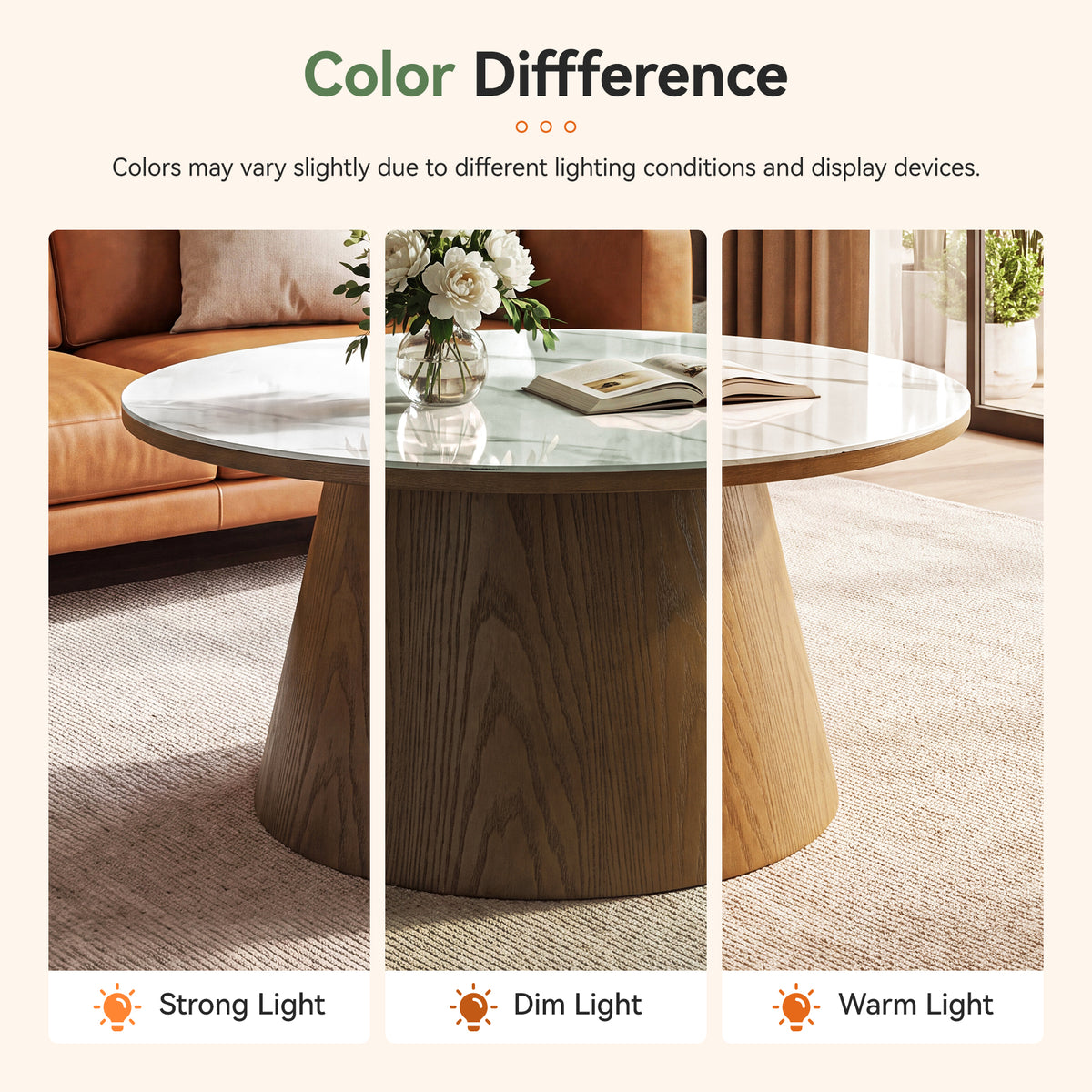 32" Round Coffee Table with Sintered Stone Top, Sculptural Solid Wood Pedestal Base