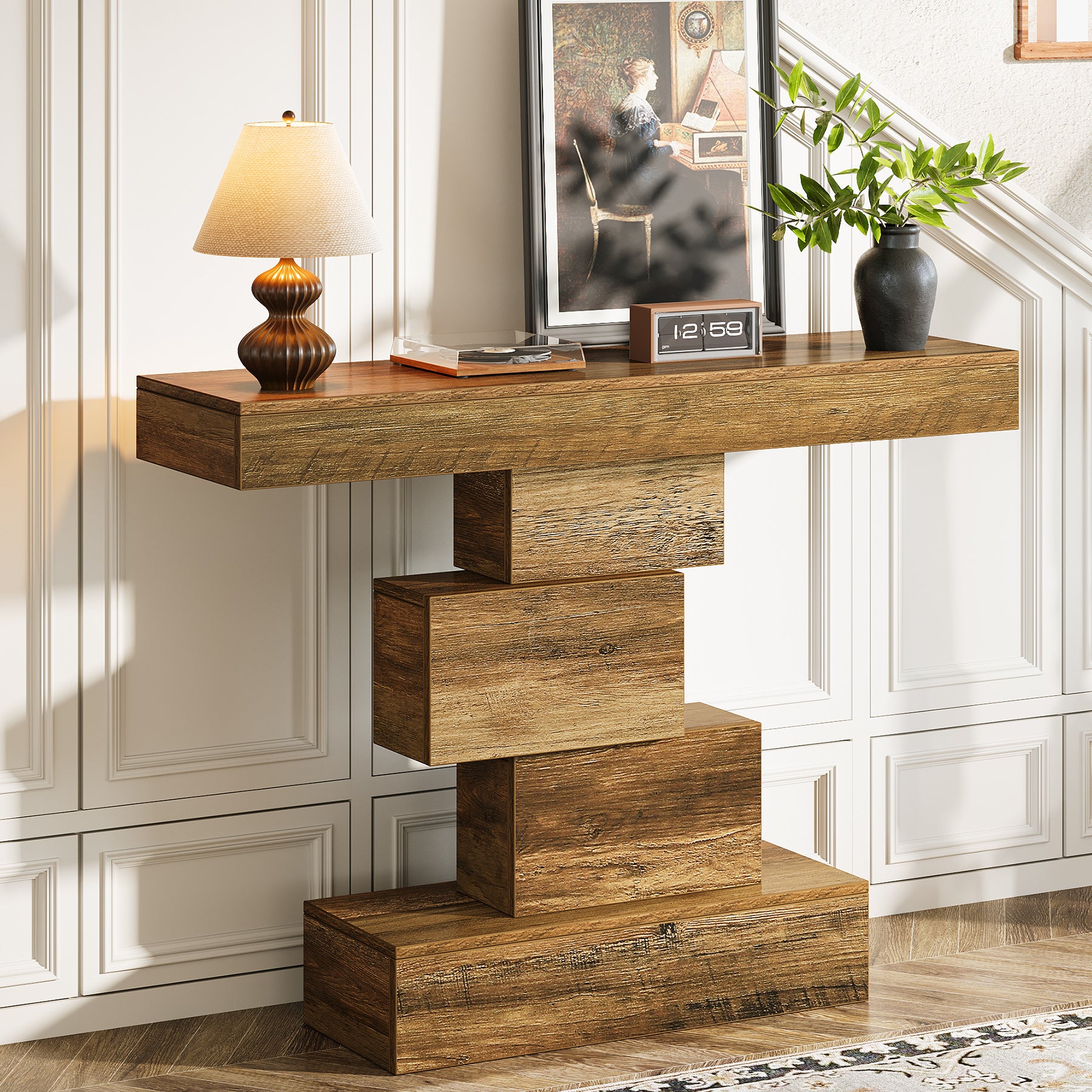 42.5" Rustic Brown Farmhouse Console, Industrial Geometric Sofa Table for Hallway Entrance