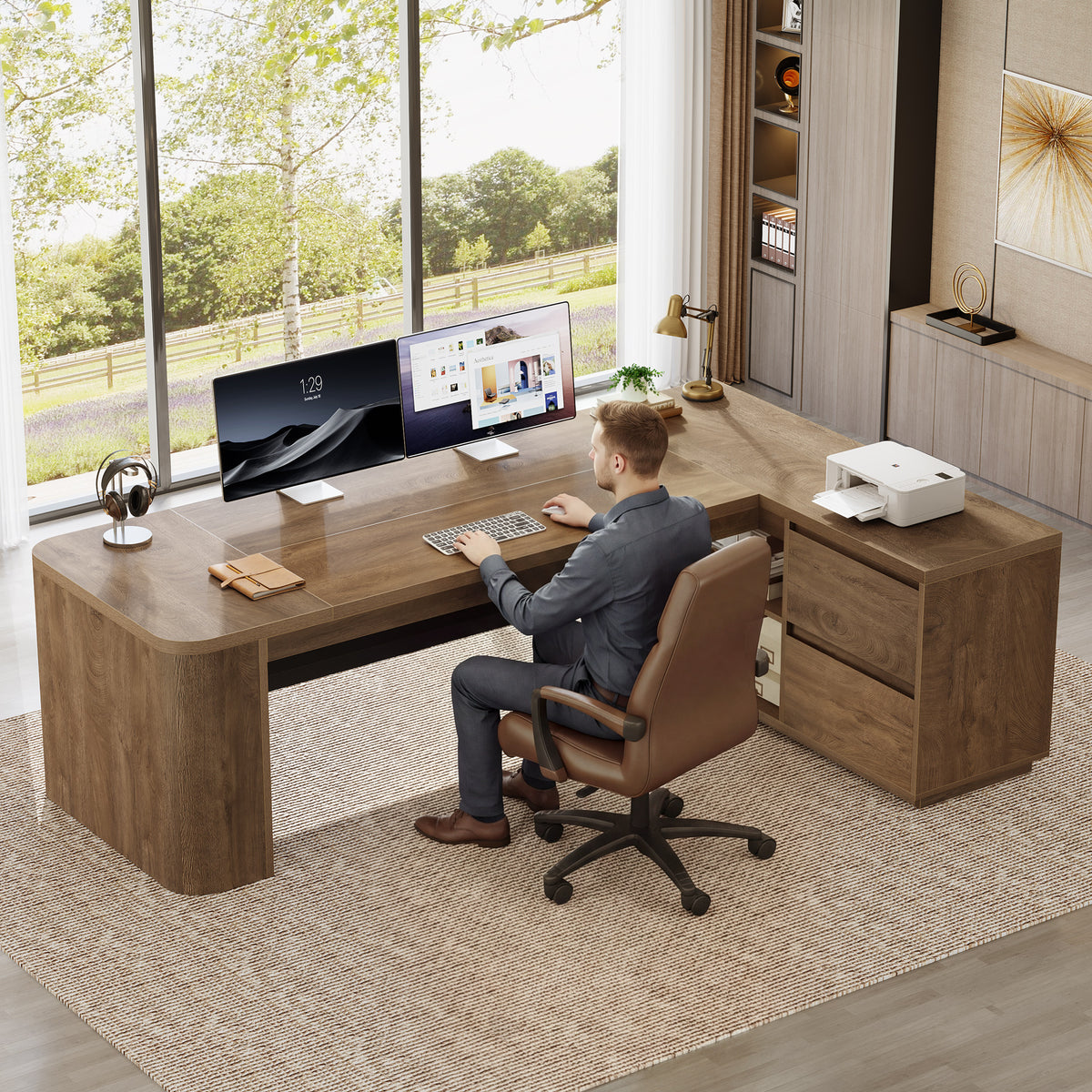 78" L-Shaped Executive Desk with File Cabinet, Corner Computer Desk for Home Office