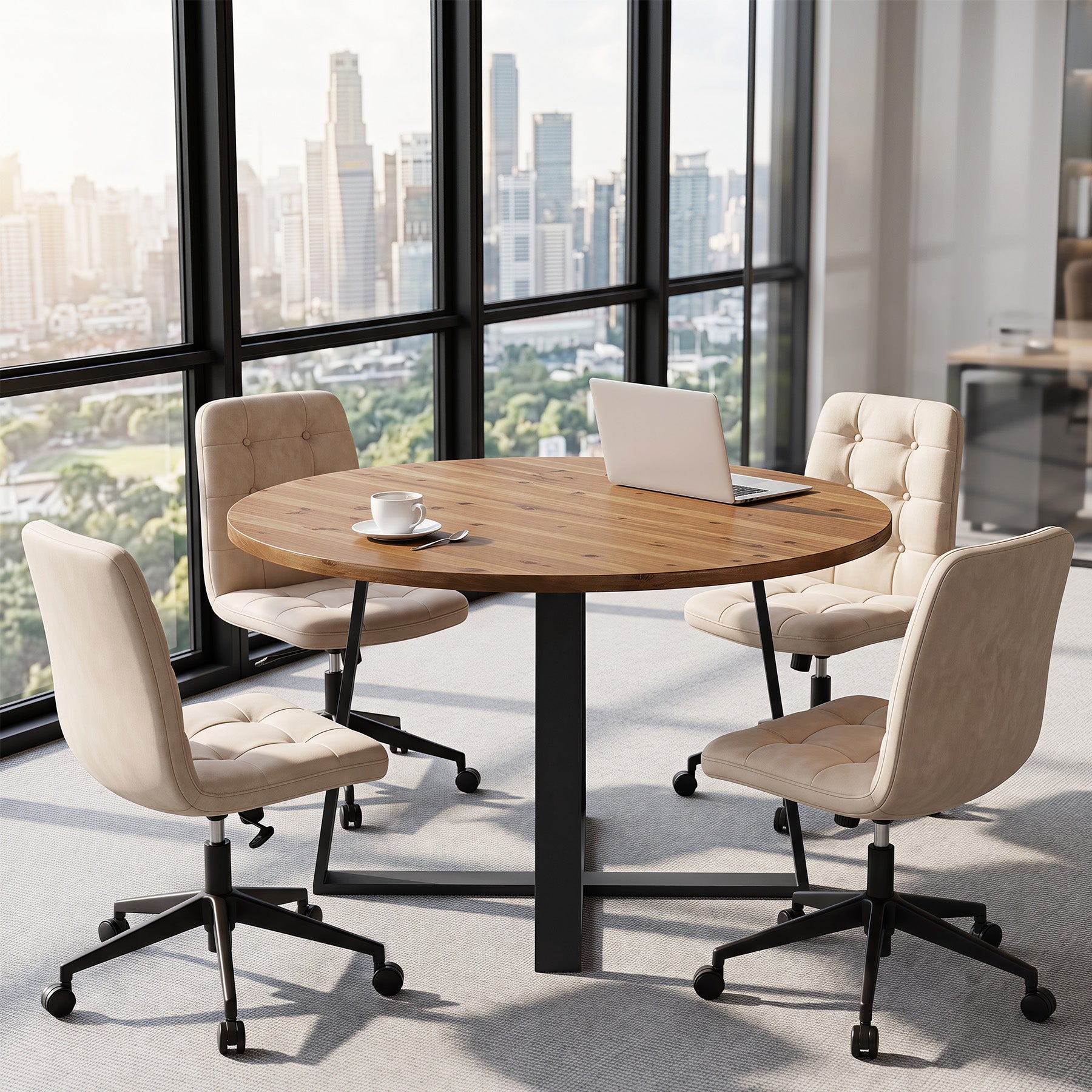 47" Round Conference Table, Solid Wood Meeting Table for Conference Room