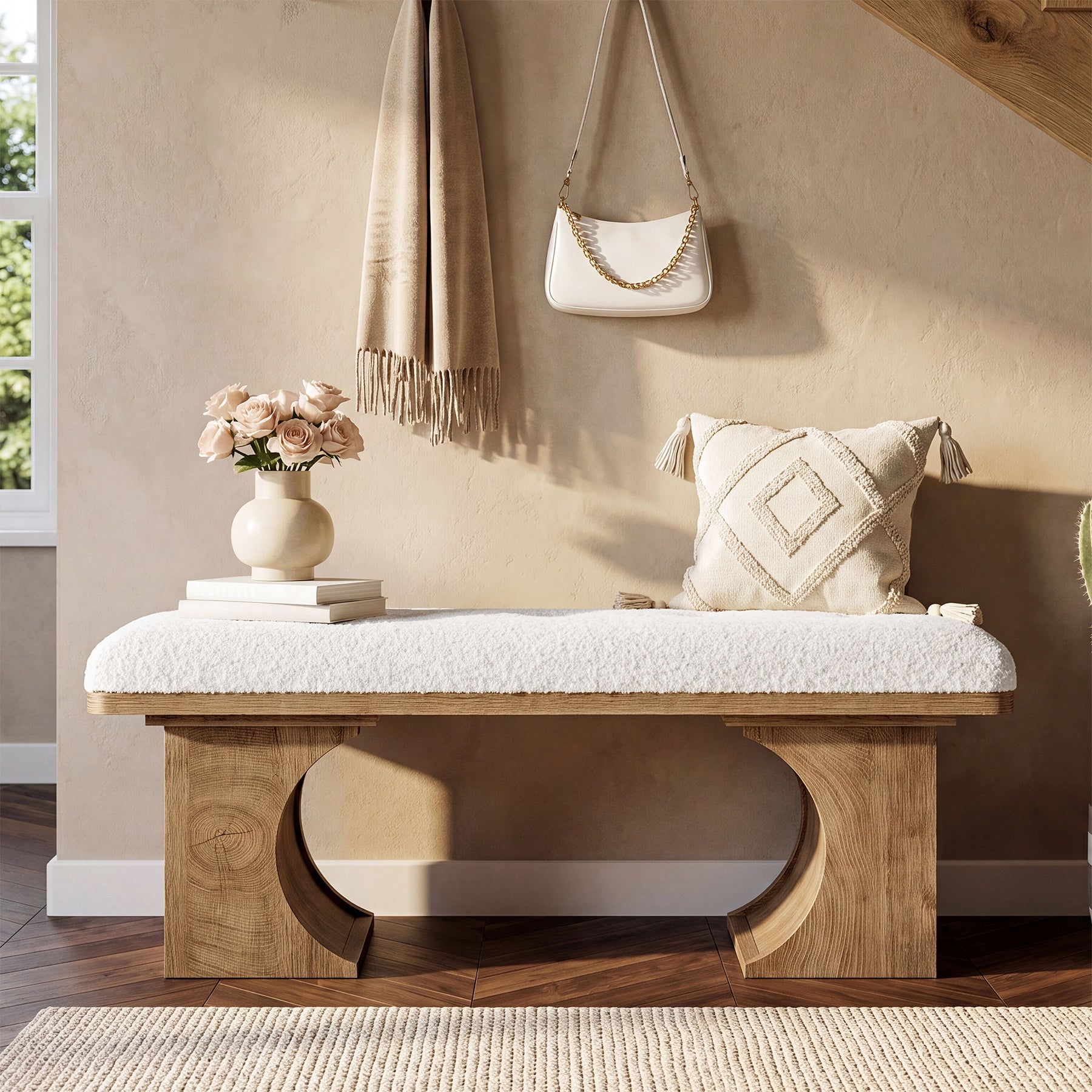 Tribesigns 47.24-Inch Upholstered Entryway Bench with Soft Cushion and Curved Wooden Legs, Modern Rustic Shoe Bench for Hallway and Living Room