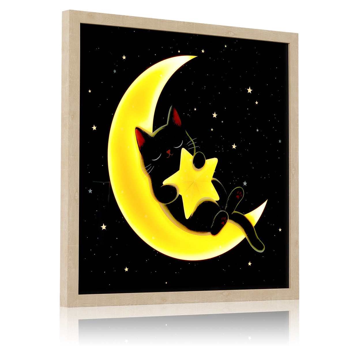 Lighted Framed Wall Art 24"x24" Moon Star Cat Wall Art Remote Control Color Changing LED Wall Decor