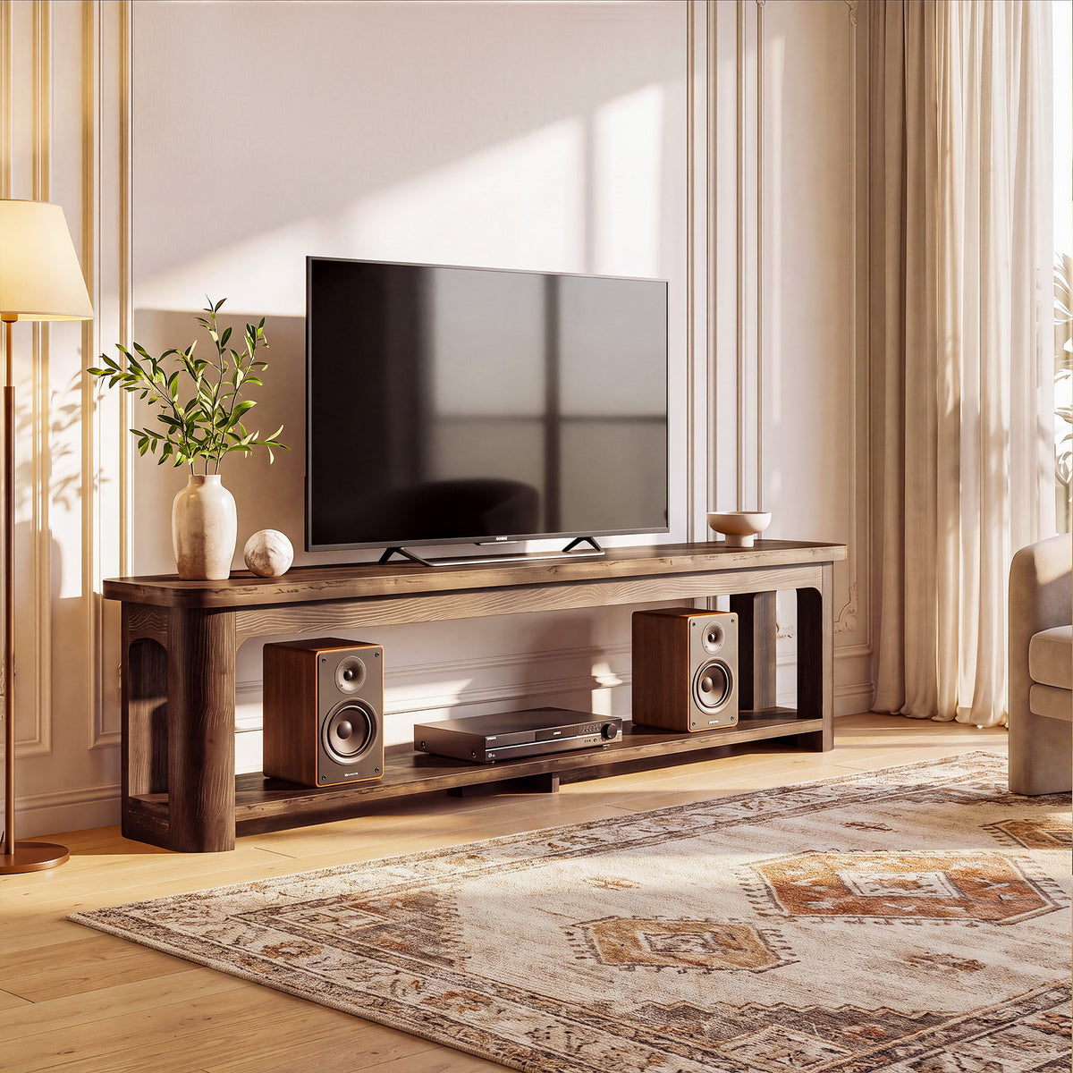71 Inch Solid Wood TV Stand with Open Storage Shelf, Farmhouse Media Console for Living Room