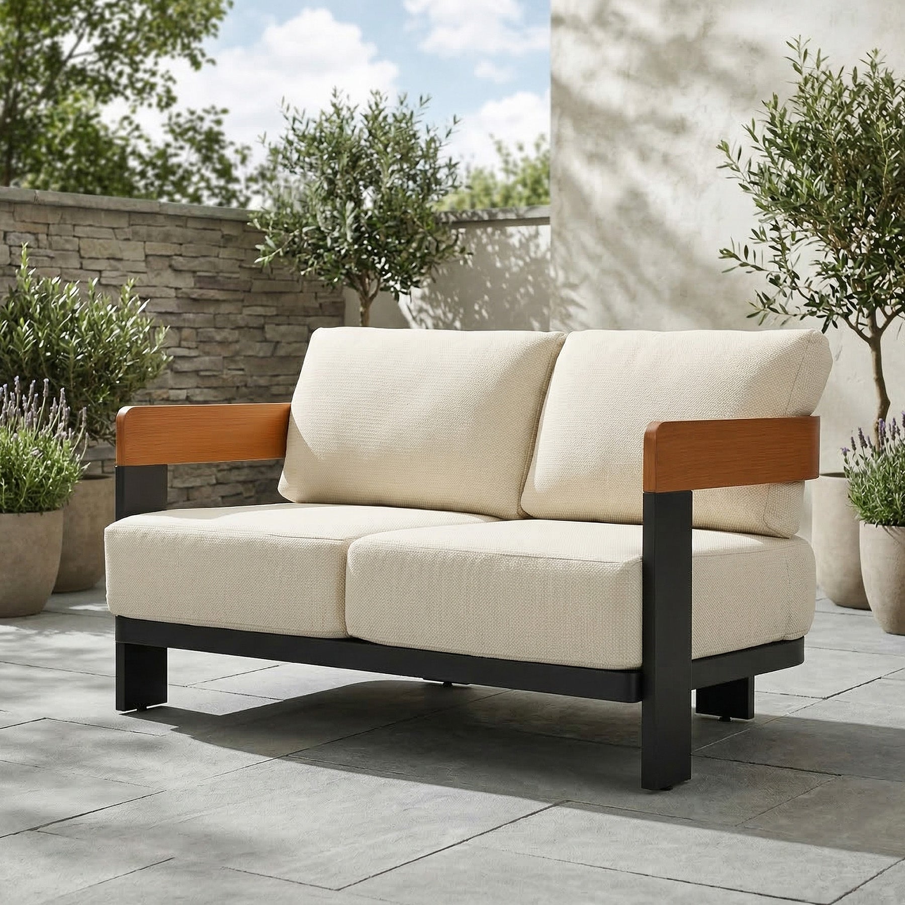 Patio Sofa Loveseat, Outdoor 2-Seater U-Shape Chair with Cushions