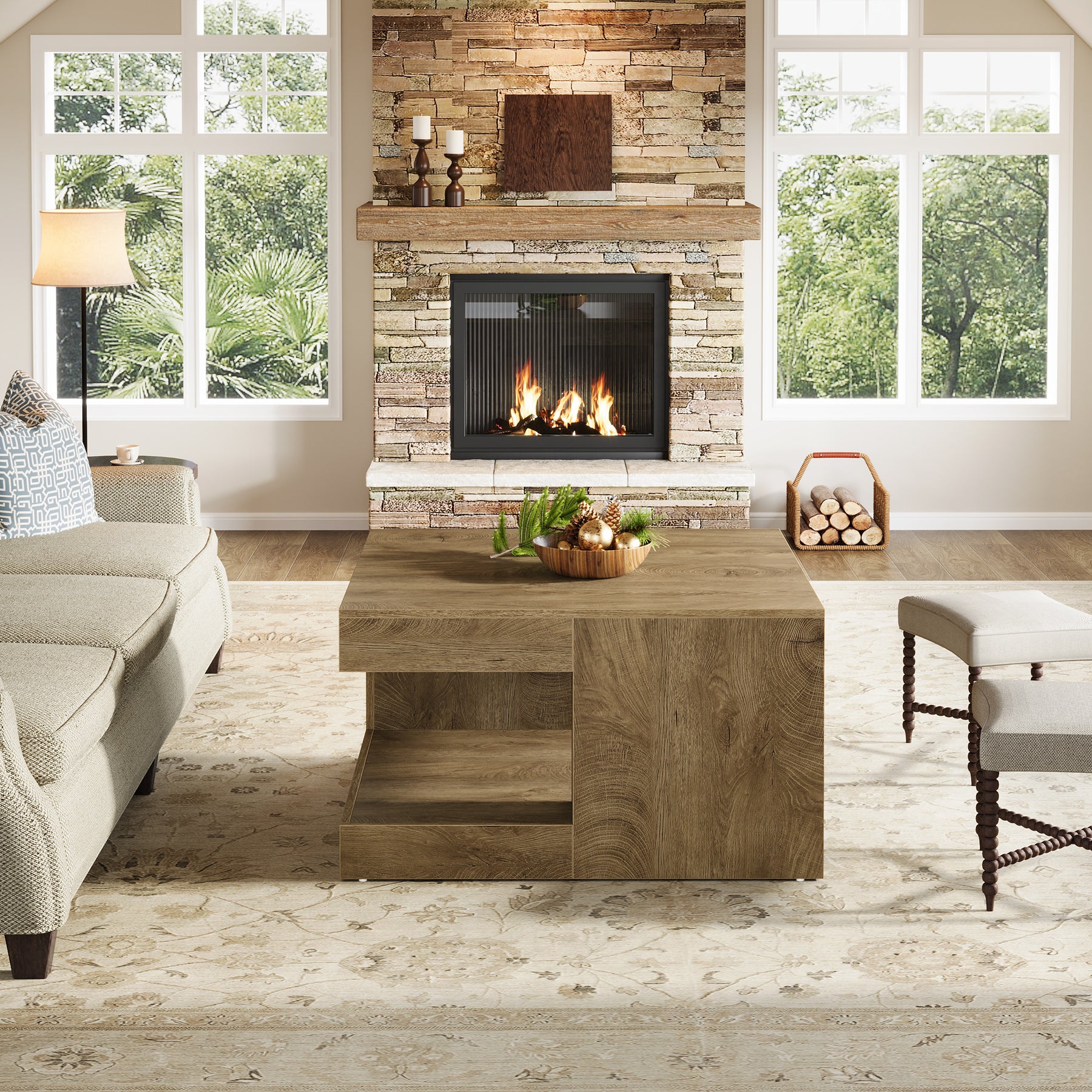 31.5" Square Coffee Table with Storage, 2-Tier Farmhouse Living Room Center Table