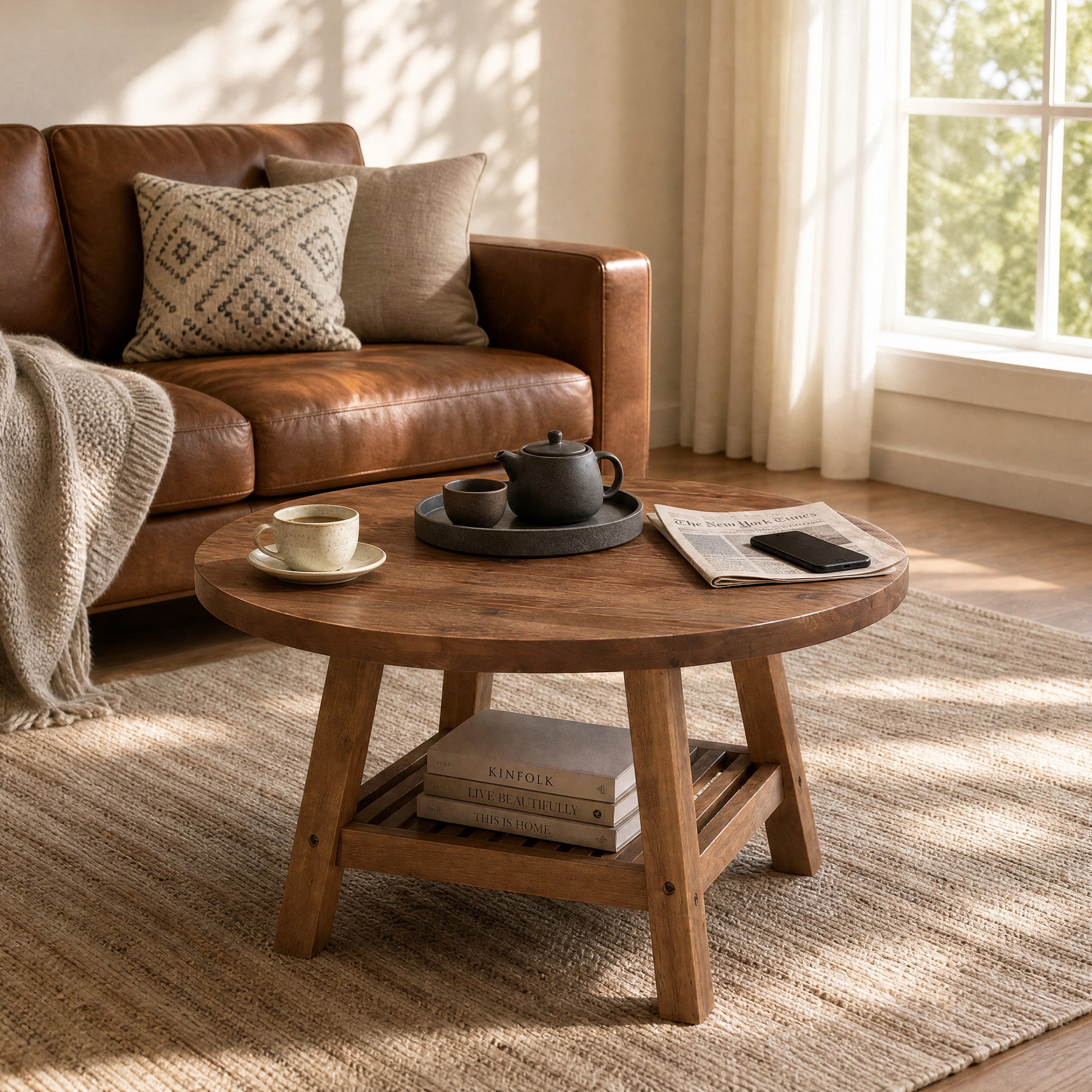 Solid Wood Round Coffee Table, 31.5" Center Table with 2-Tier Storage for Living Room