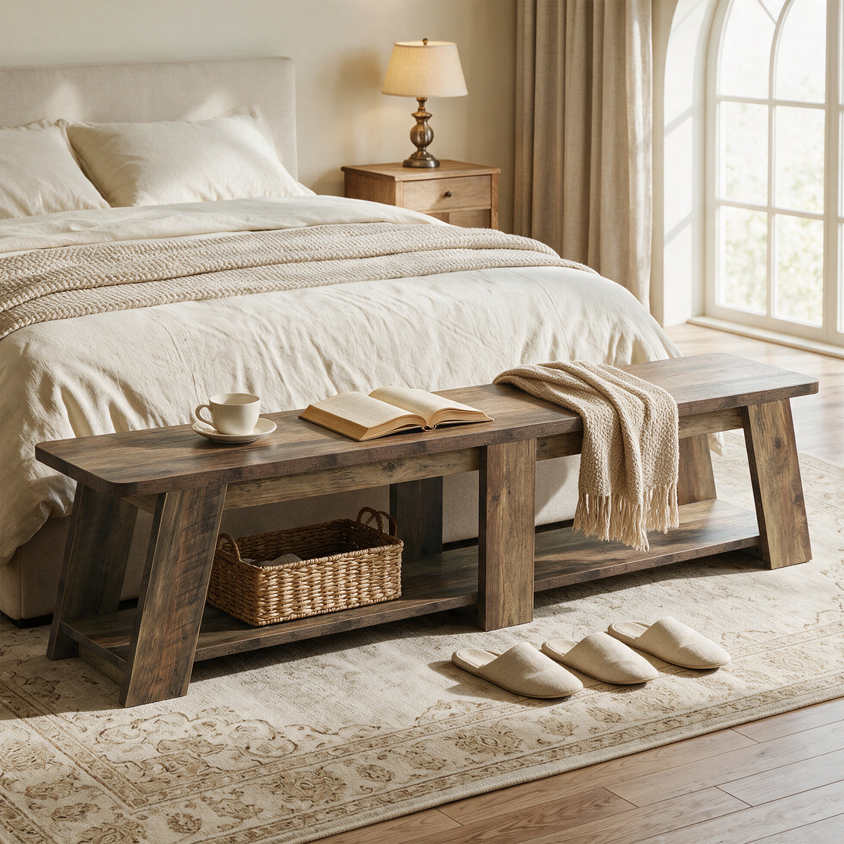 71" Entryway Bench, 2-Tier Shoe Bench with Trapezoid-Style Legs for Hallway