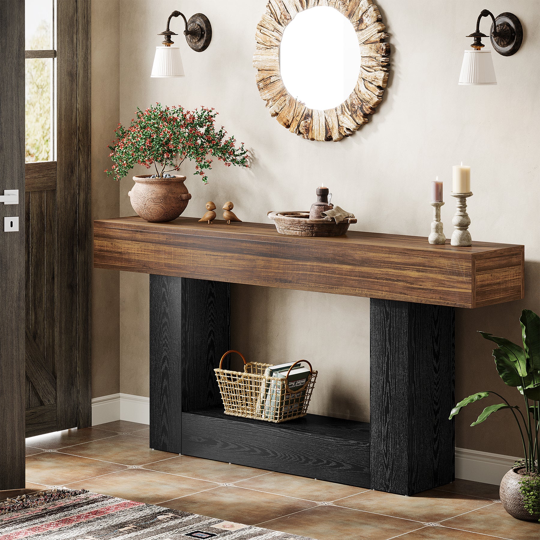 63" Wooden Console Table, Farmhouse 2-Tier Sofa Table Entryway Table