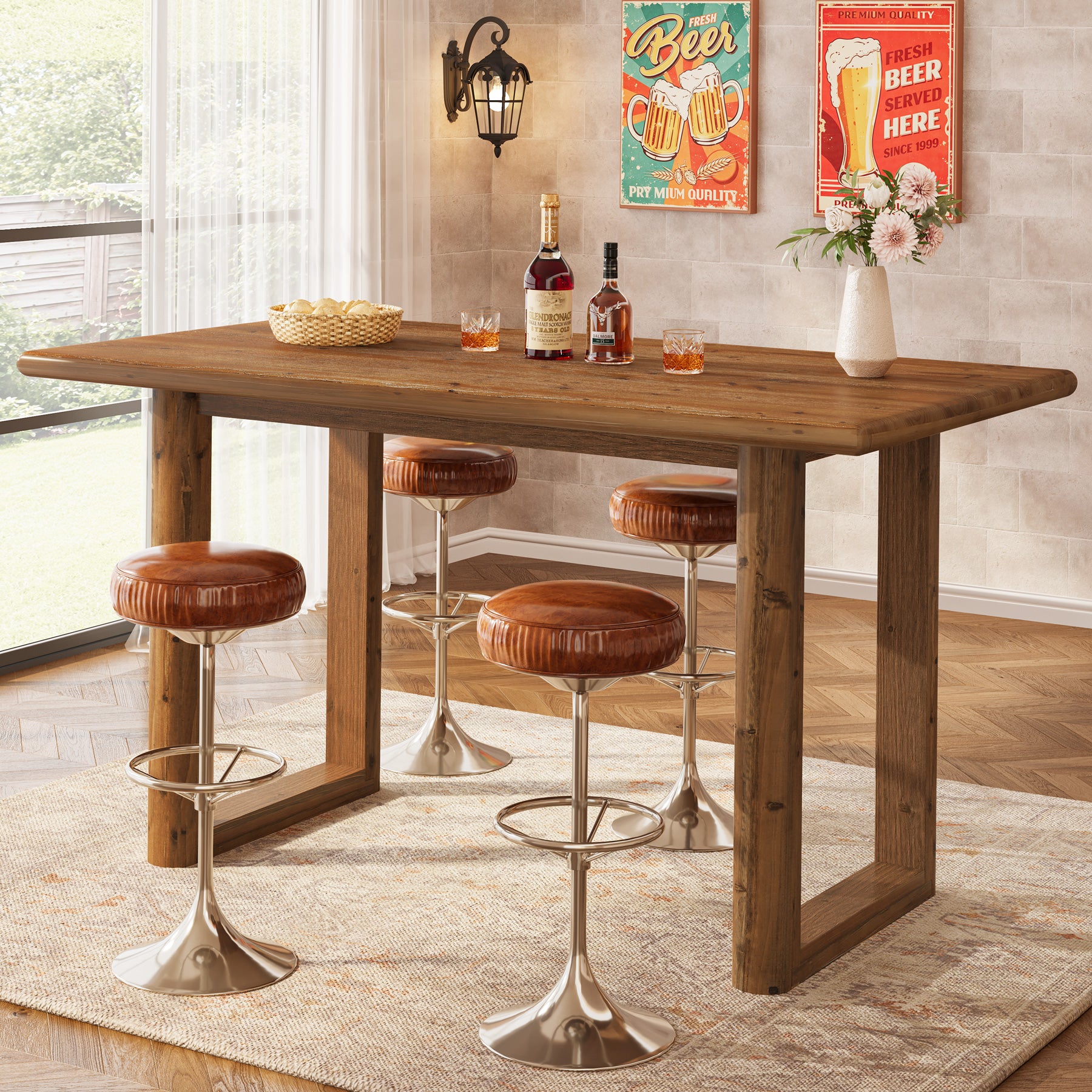 63" Solid Wood Bar Table, Farmhouse Counter Height Pub Table with U-Shaped Legs