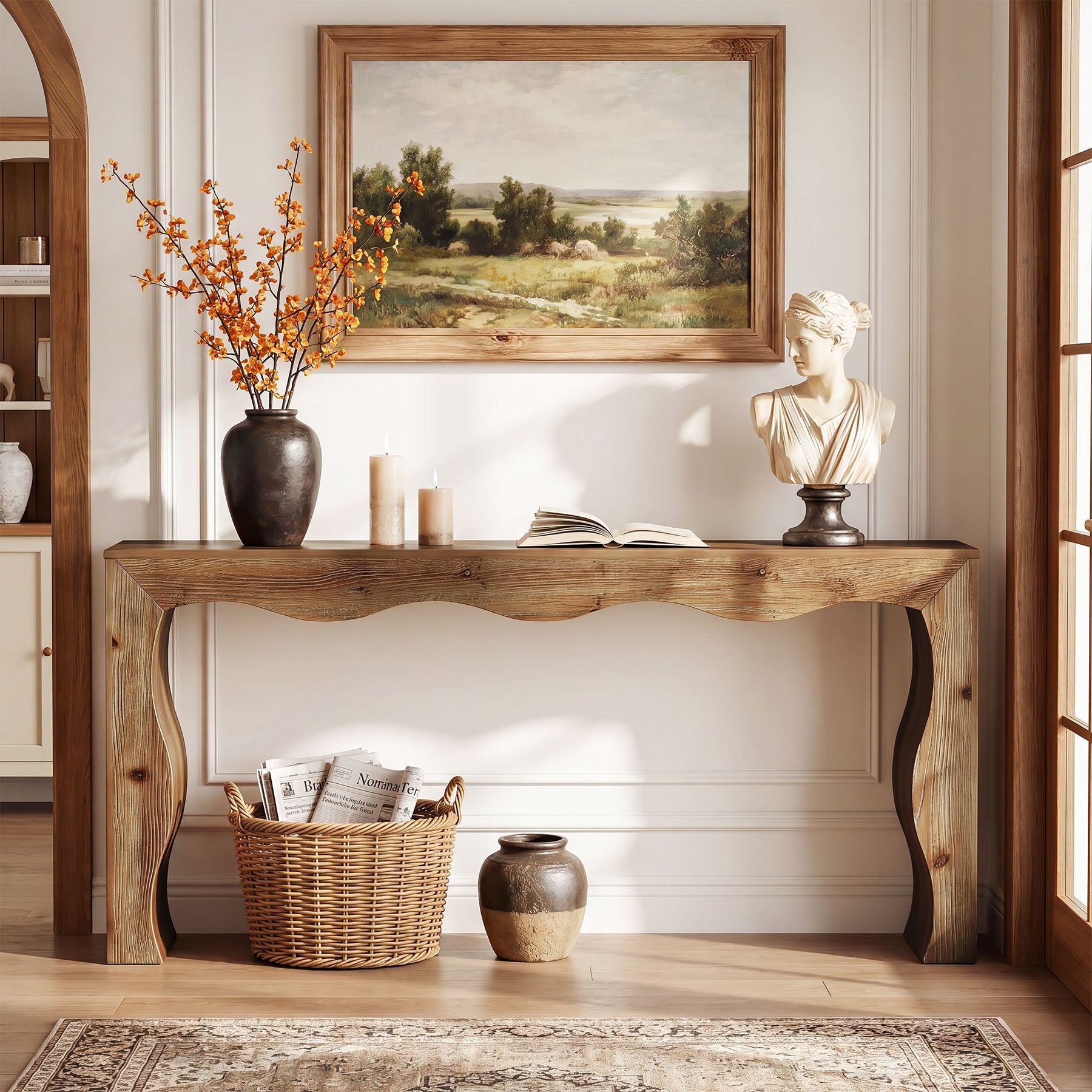 63" Solid Wood Console Table, Farmhouse Entryway Sofa Table with Wavy Edge