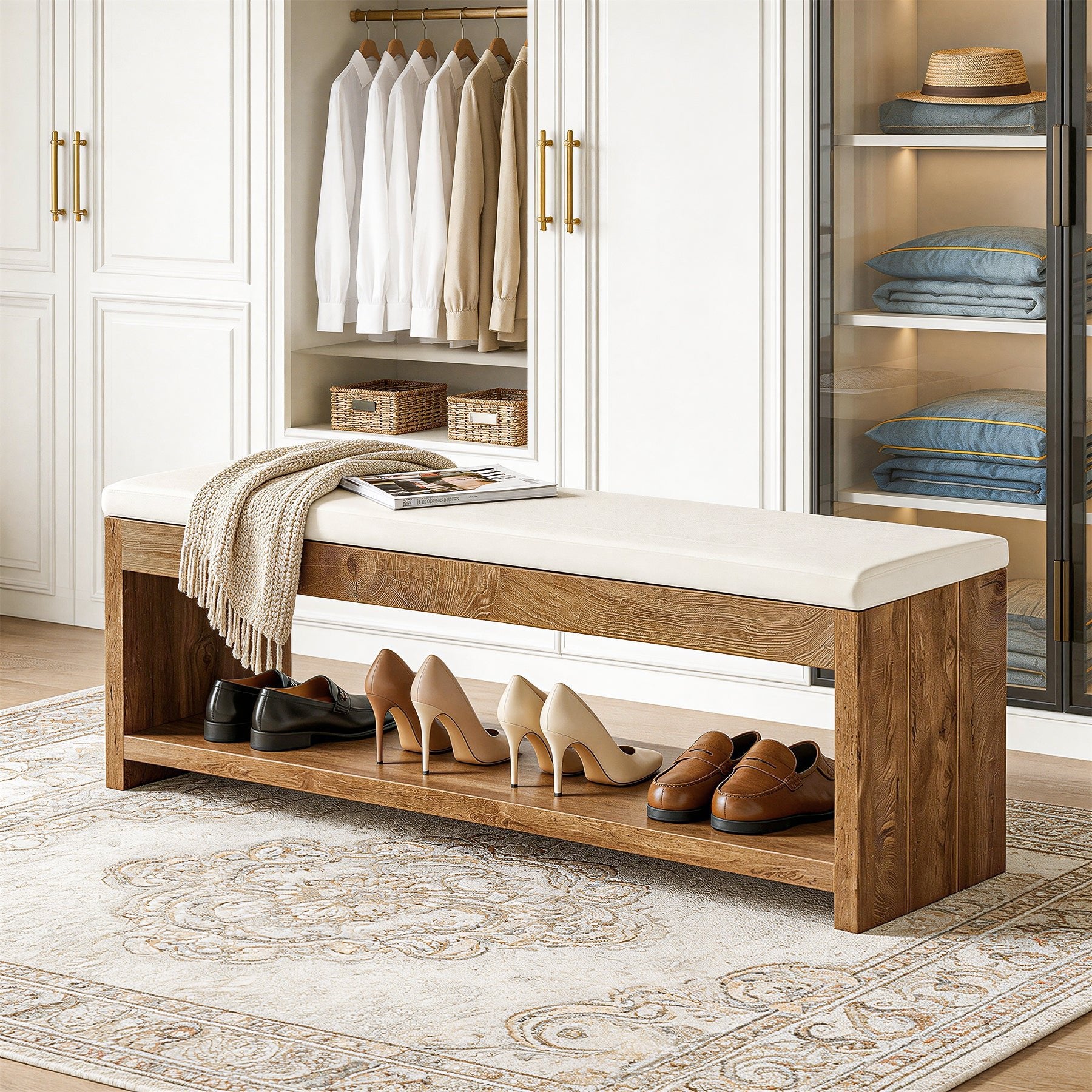 55" Entryway Bench, Wooden Shoe Bench with Cushion and Shoe Rack