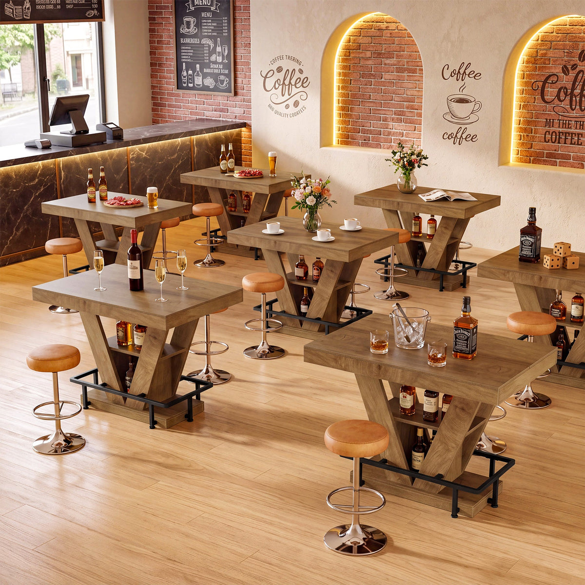 47" Counter Height Bar Table with Footrest, V-Shaped Support & 2-Tier Storage