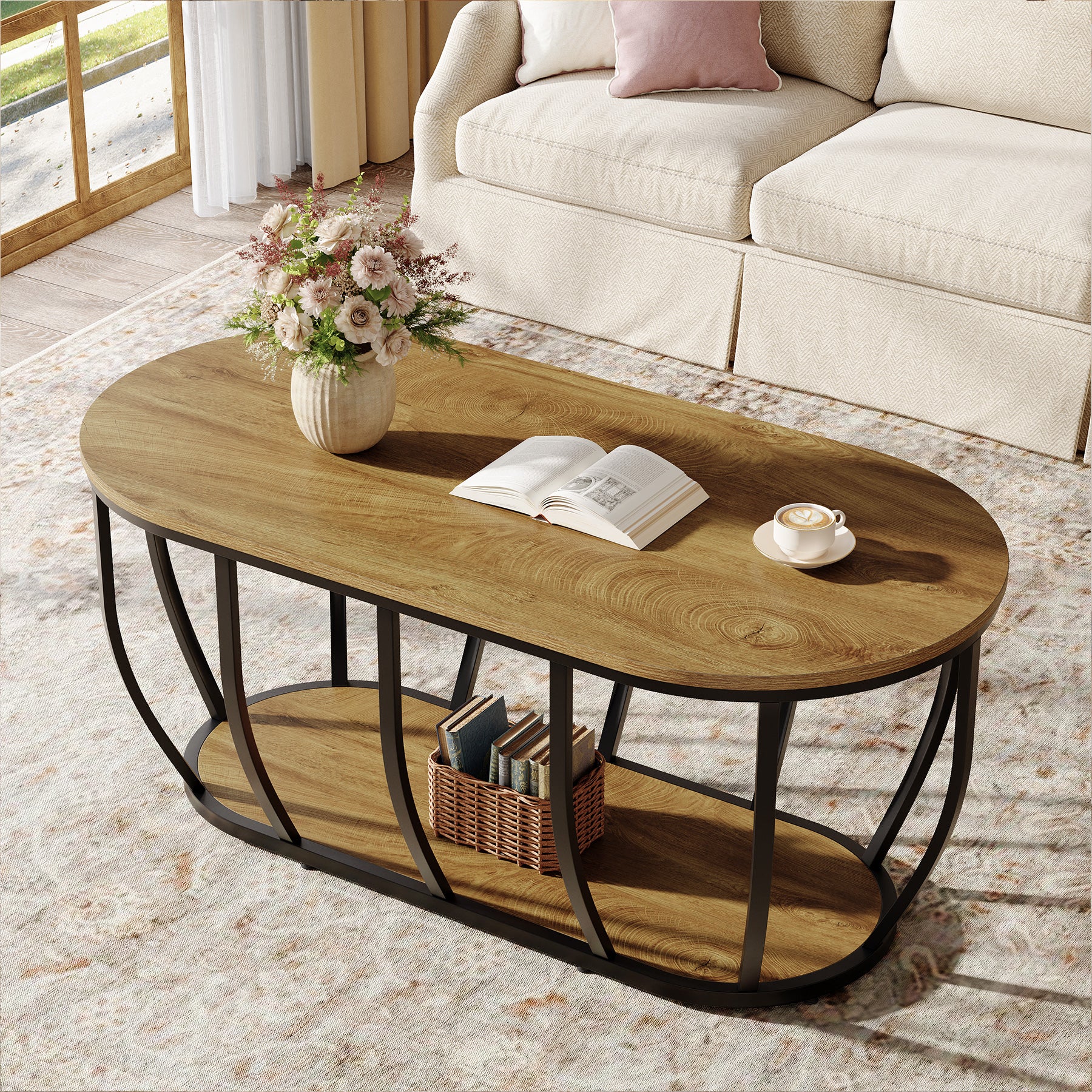 Oval Coffee Table, 47.2" Modern Center Cocktail Table with 2-Tier Storage