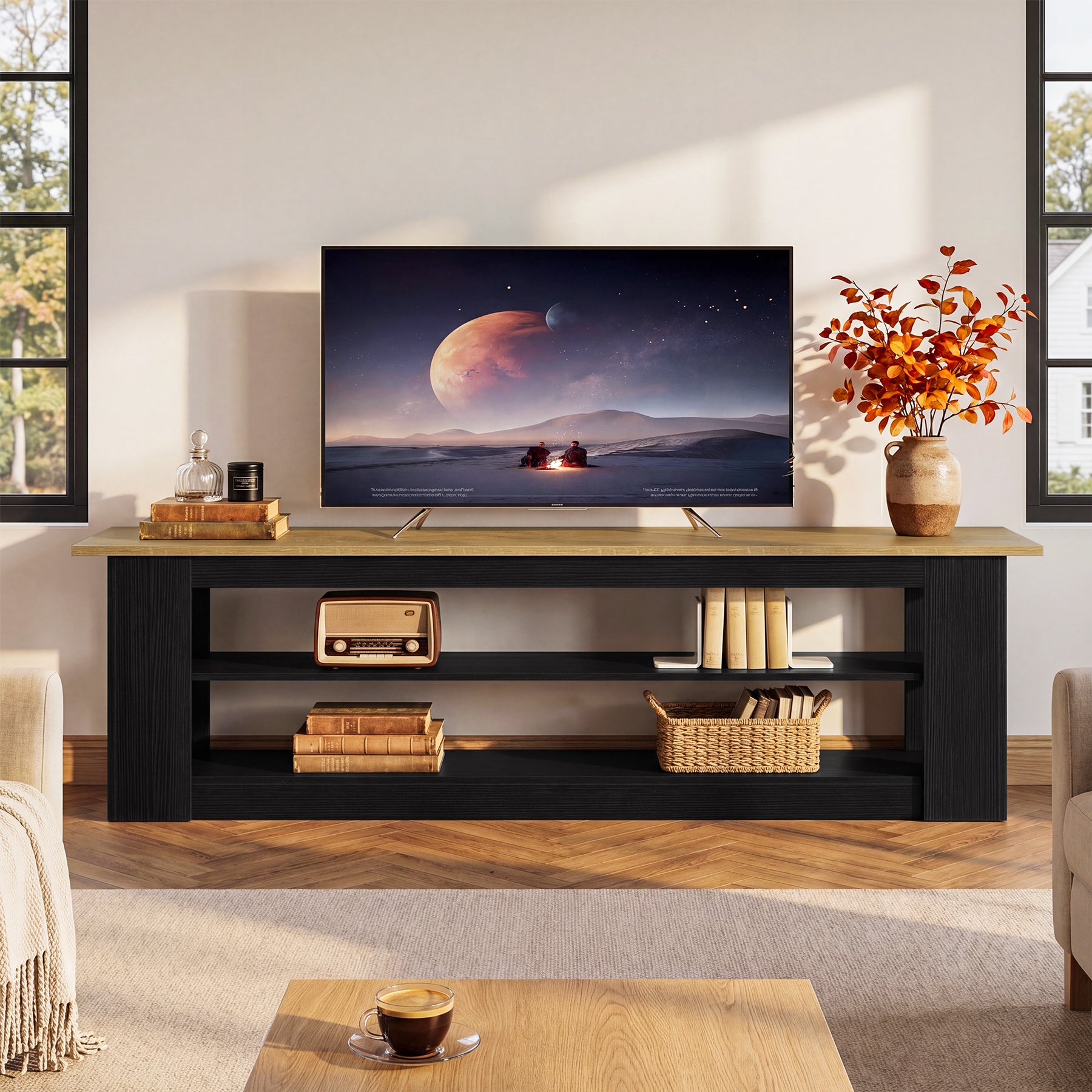 70.87" TV Stand for TVs up to 80", Farmhouse Entertainment Center with Storage Shelves