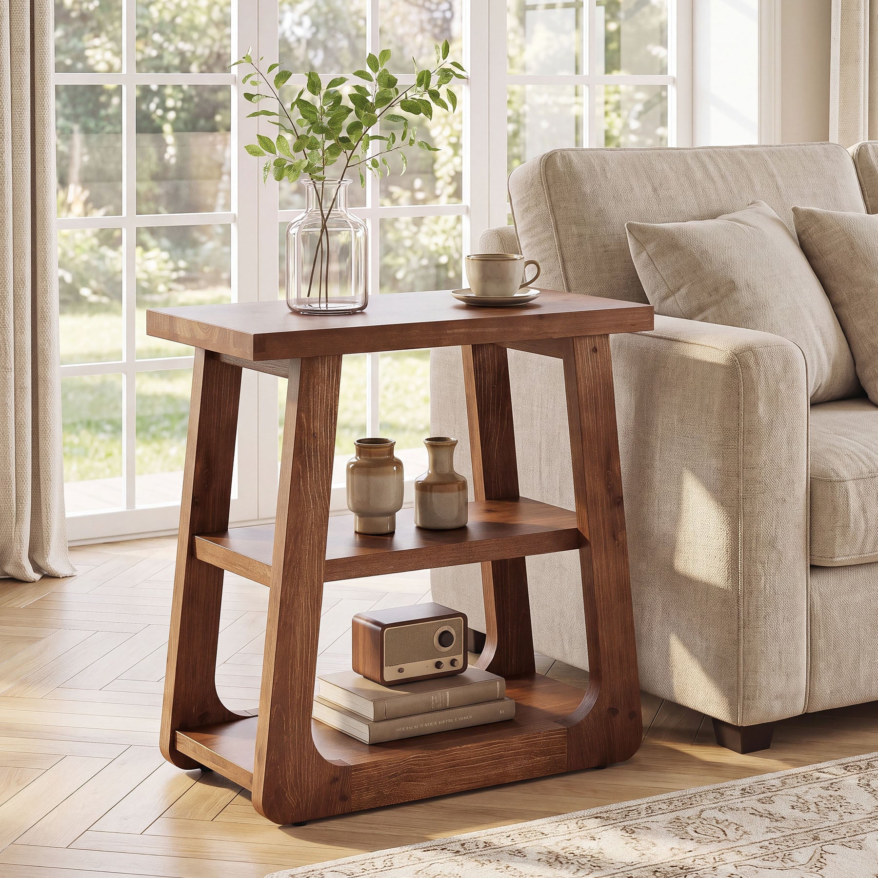 Solid Wood Side Table, Farmhouse End Table with 3-Tier Storage Shelves for Small Spaces
