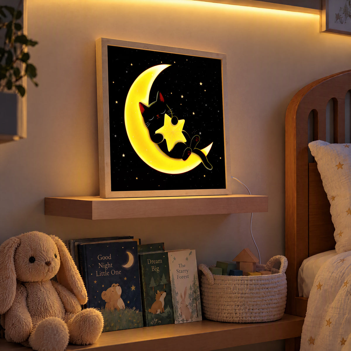 Lighted Framed Wall Art 24"x24" Moon Star Cat Wall Art Remote Control Color Changing LED Wall Decor