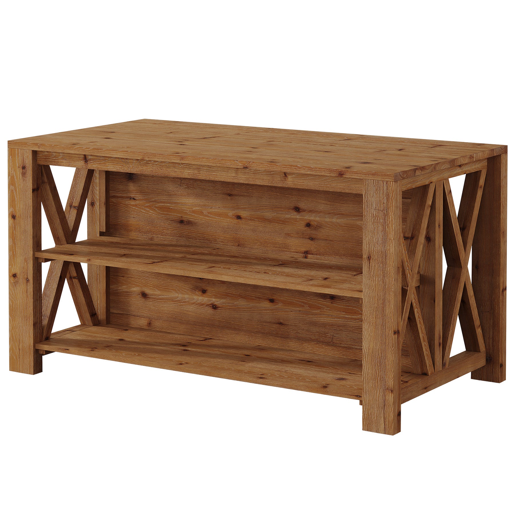 55" Solid Wood Kitchen Island, 3-Tier Stationary Storage Table For Kitchen Dining Room