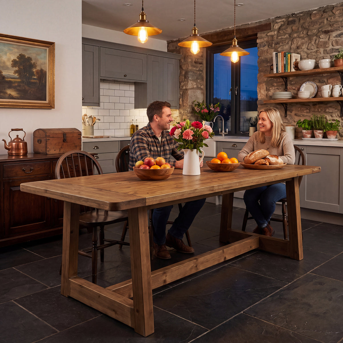 71" Solid Wood Dining Table for 6-8, Farmhouse Kitchen Table with Thickened Tabletop