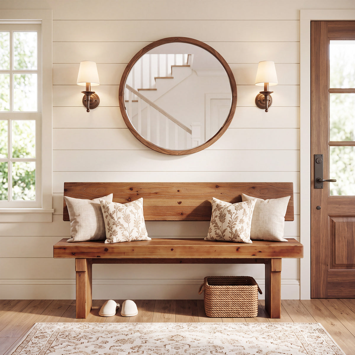 55" Solid Wood Entryway Bench with Backrest, Shoe Bench for Hallway & Mudroom