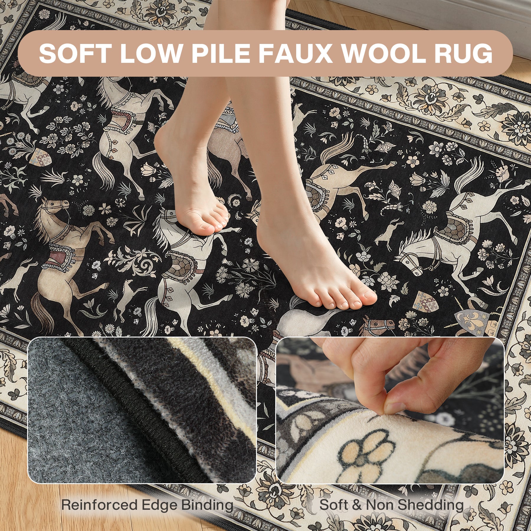 5x7 Boho Horse Print Area Rug, Vintage Animal Washable Non-Slip Carpet with Tassels, Oeko-Tex Certified