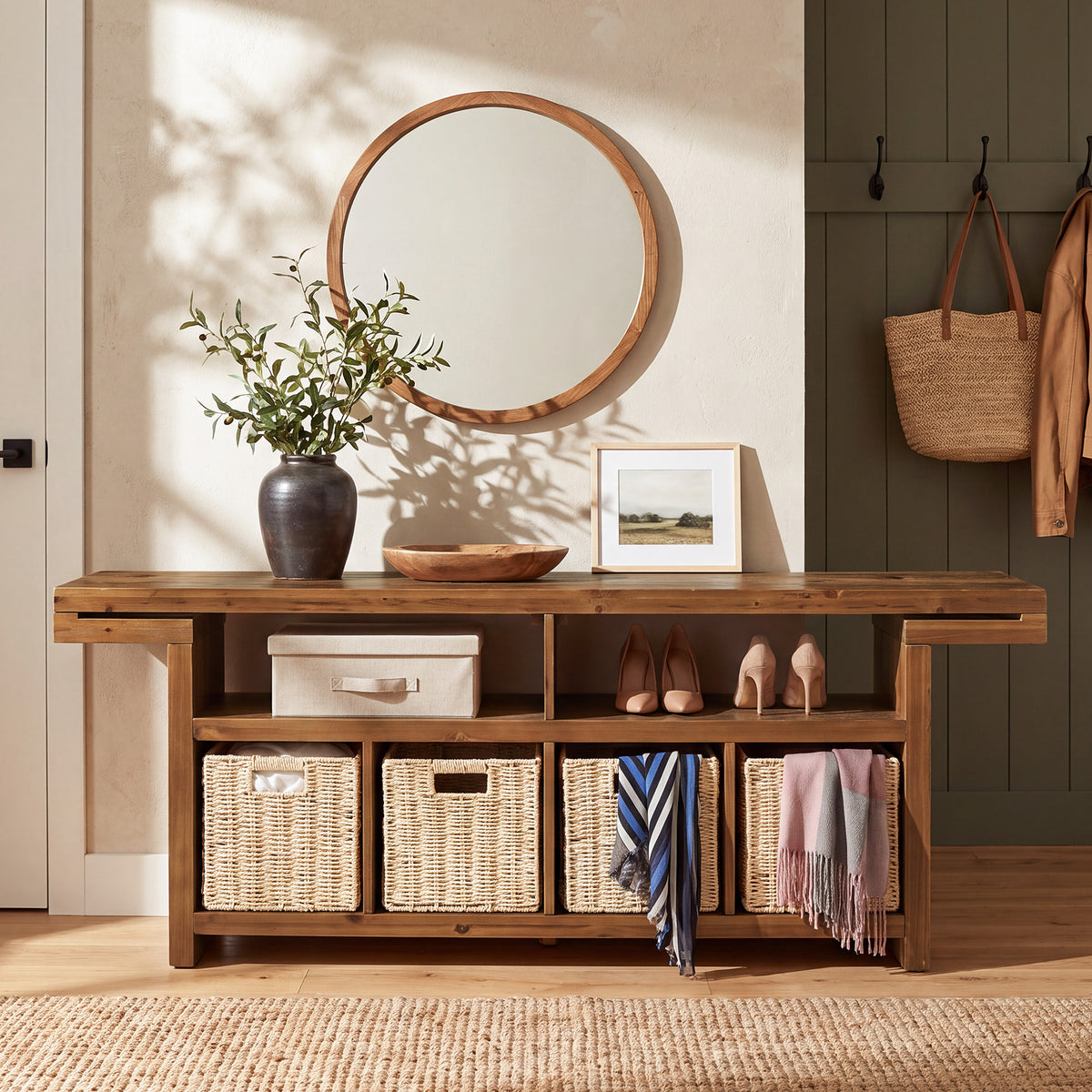 63" Farmhouse Solid Wood TV Stand with 4 Baskets & 2 Open Shelves