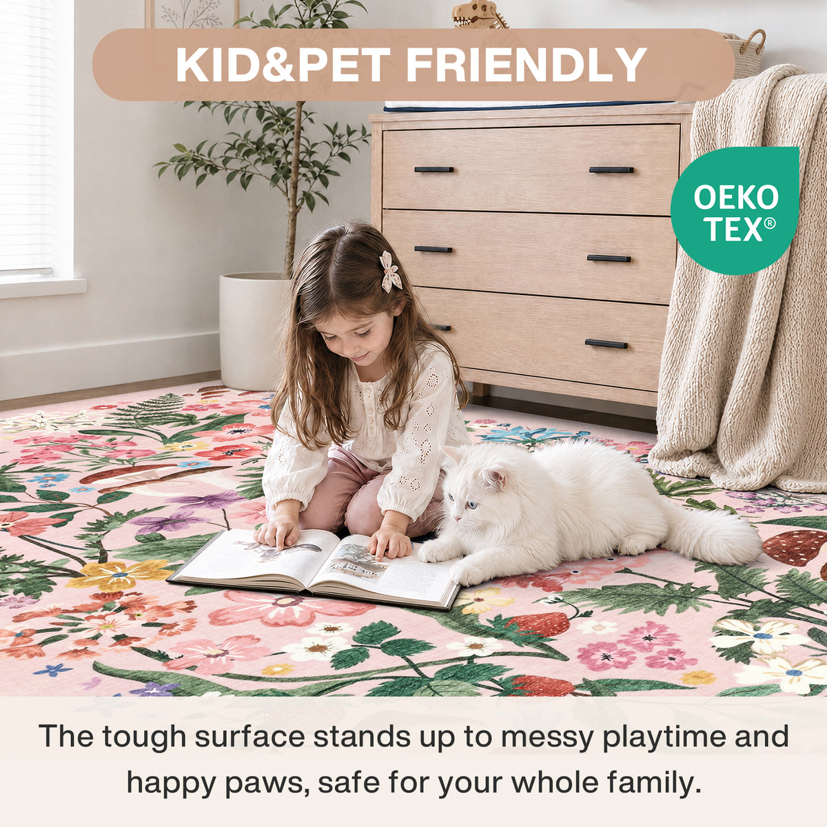 Washable Floral Area Rug, Non-Slip Low Pile Botanical Carpet