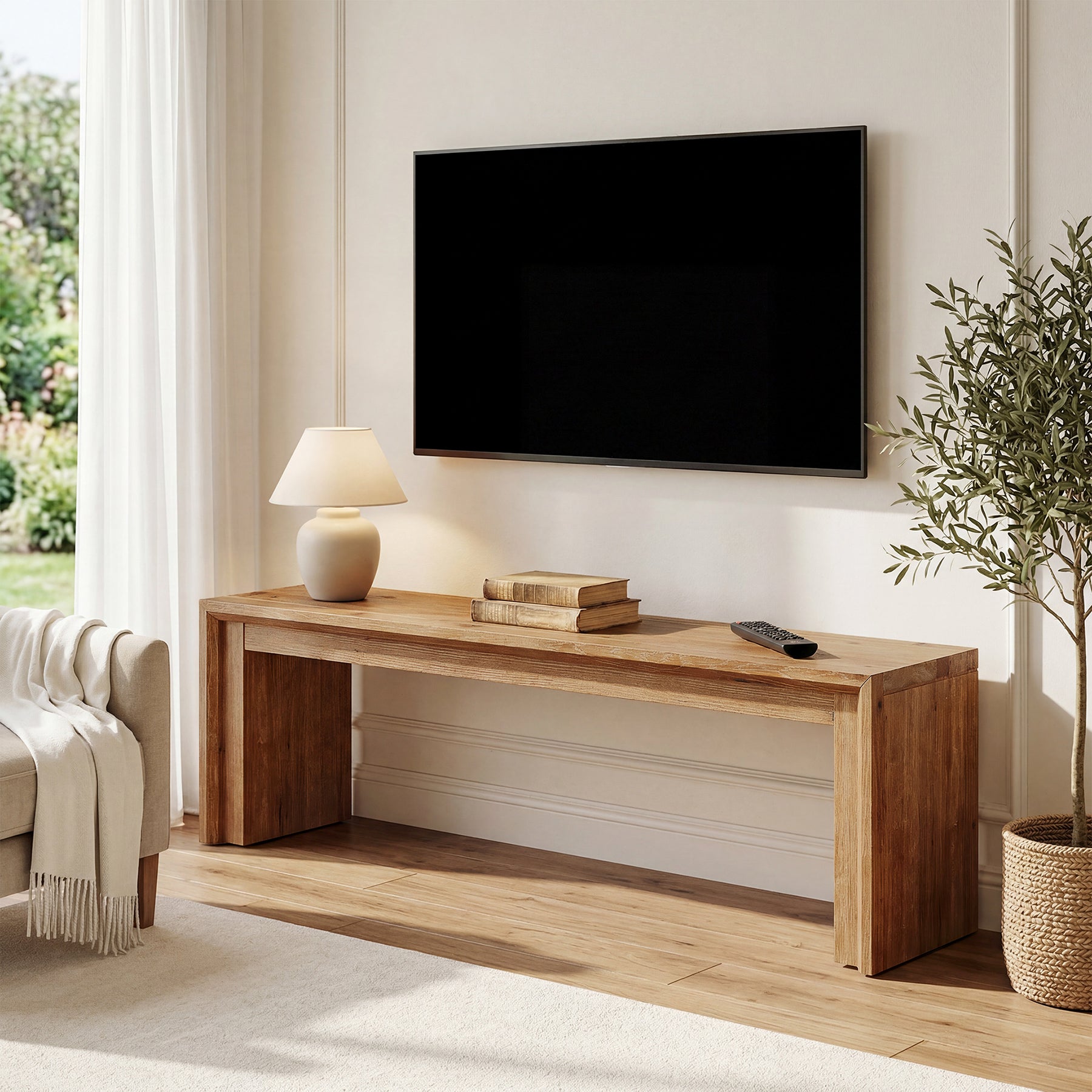 63" Solid Wood TV Stand for 65" TV, Farmhouse  Entertainment Center Low Media Console