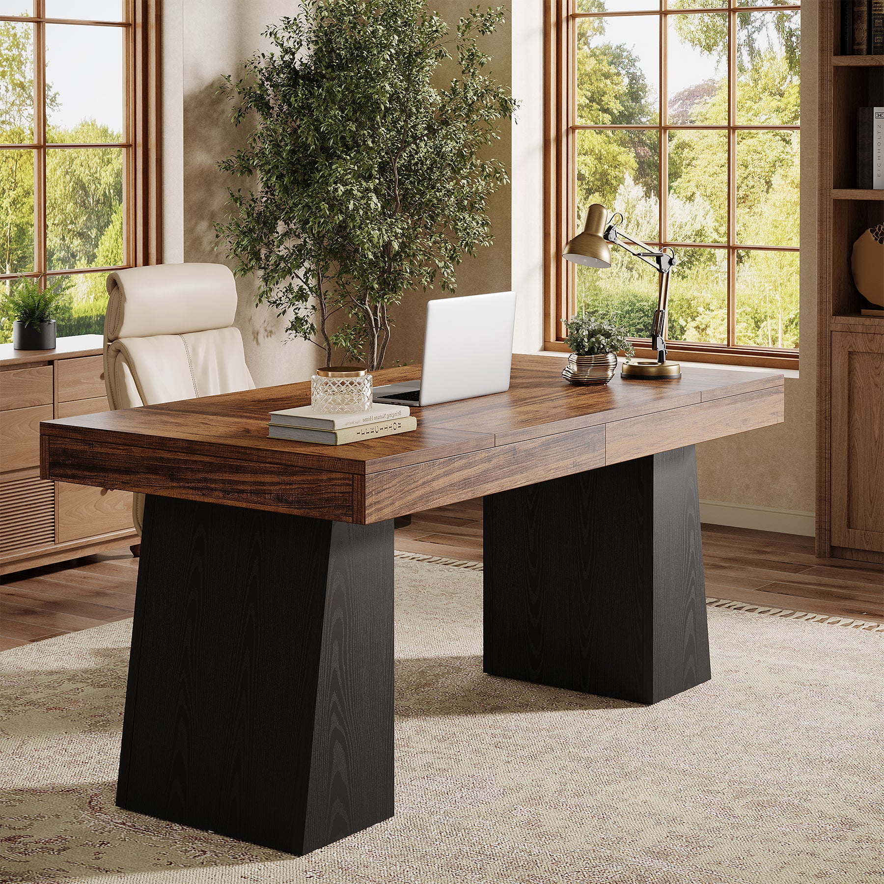 55" Executive Office Desk with Double Trapezoid Base, Modern Wooden Computer Desk for Home Office